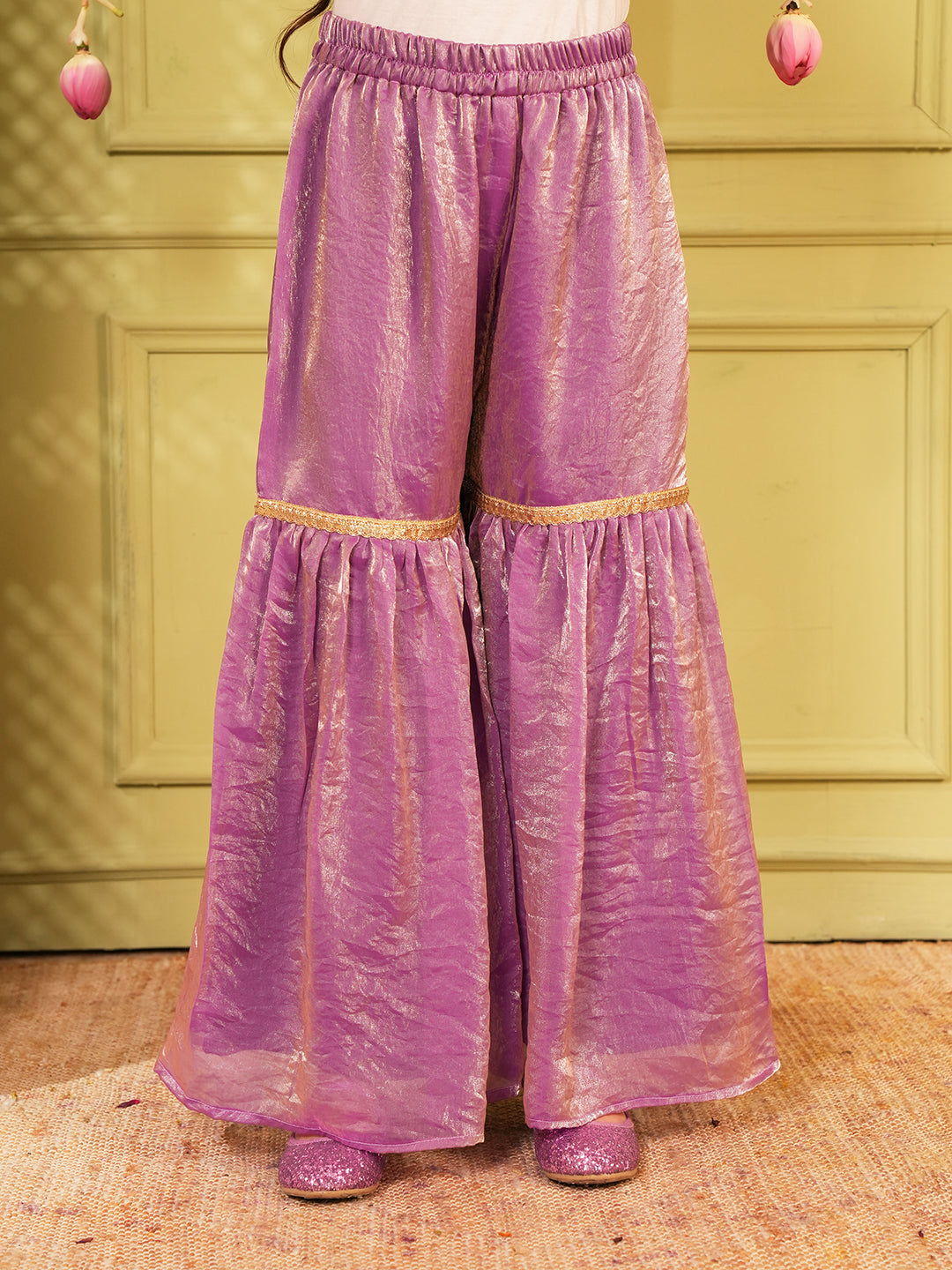 Lavender Solid with Lace Work Silk blend Kurti Gharara and Dupatta For Girls