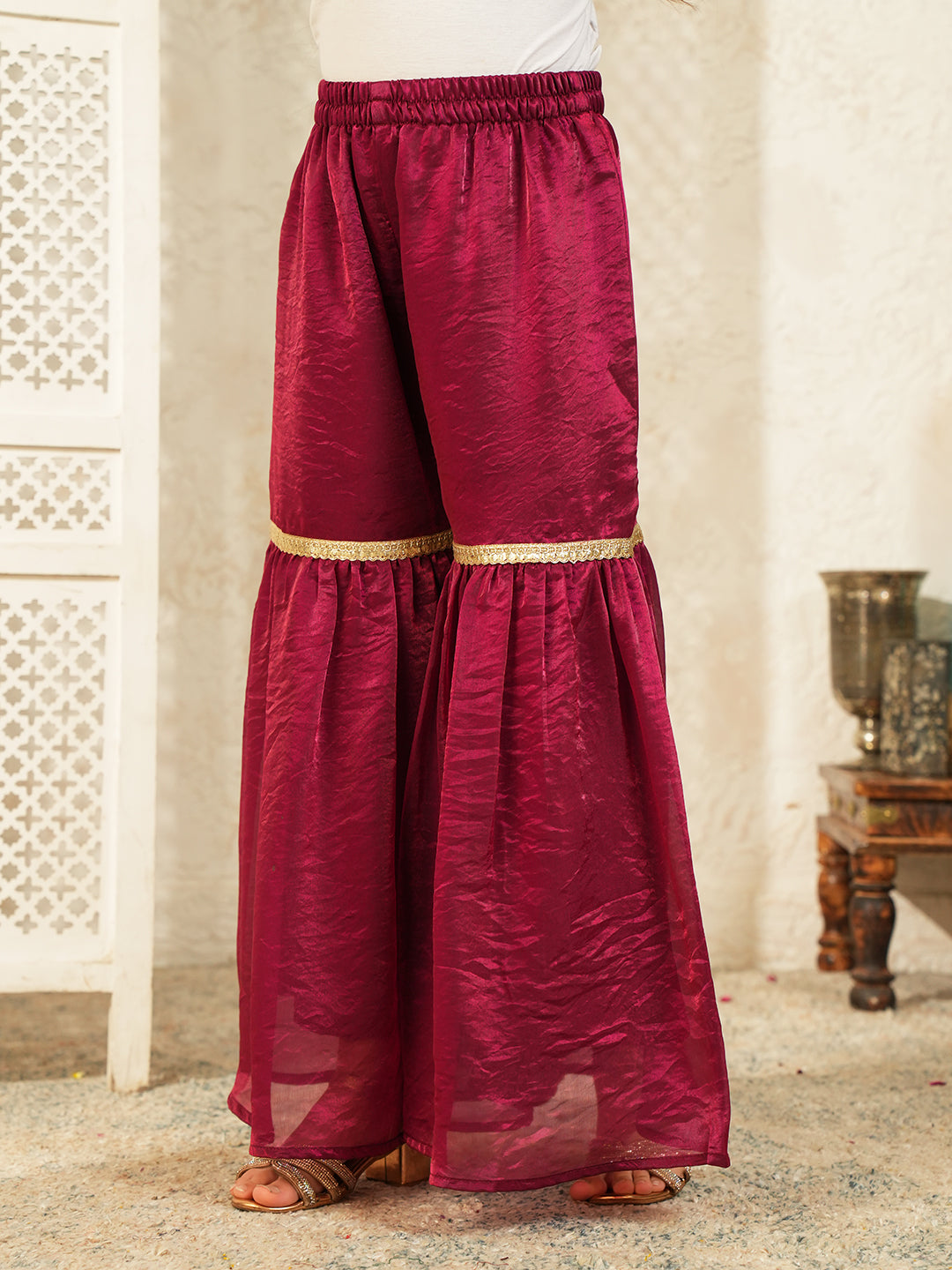 Wine Solid with Lace Work Silk blend Kurti Gharara and Dupatta For Girls