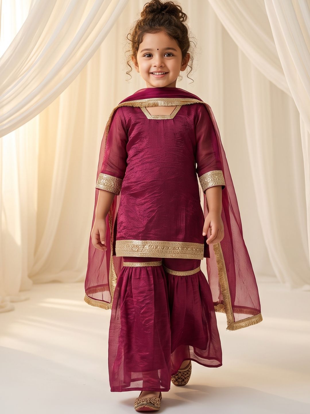 Wine Solid with Lace Work Silk blend Kurti Gharara and Dupatta For Girls