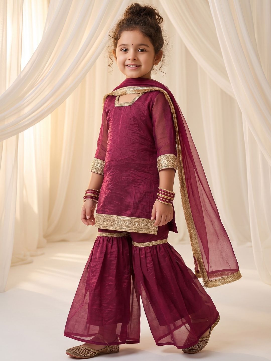 Wine Solid with Lace Work Silk blend Kurti Gharara and Dupatta For Girls
