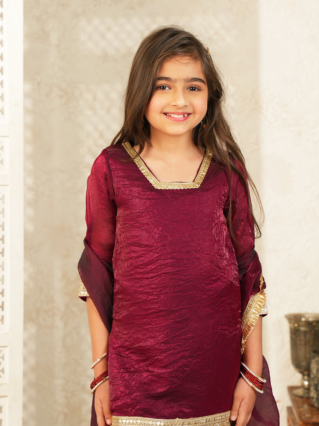 Wine Solid with Lace Work Silk blend Kurti Gharara and Dupatta For Girls