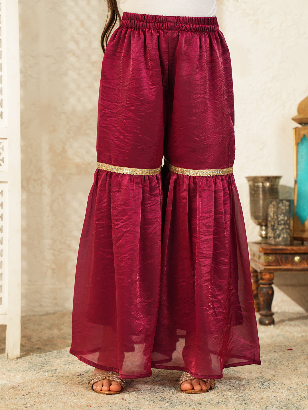 Wine Solid with Lace Work Silk blend Kurti Gharara and Dupatta For Girls