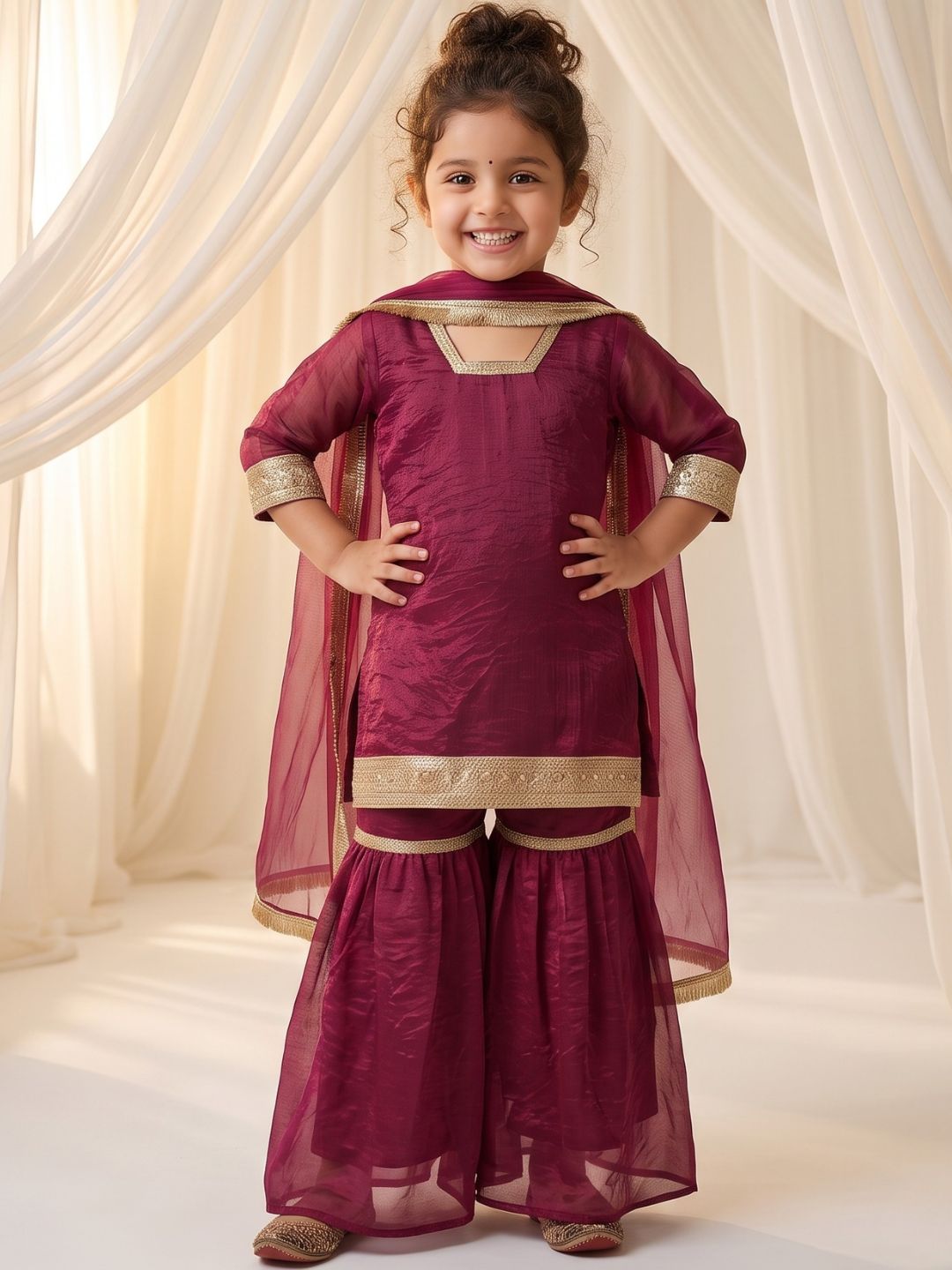 Wine Solid with Lace Work Silk blend Kurti Gharara and Dupatta For Girls