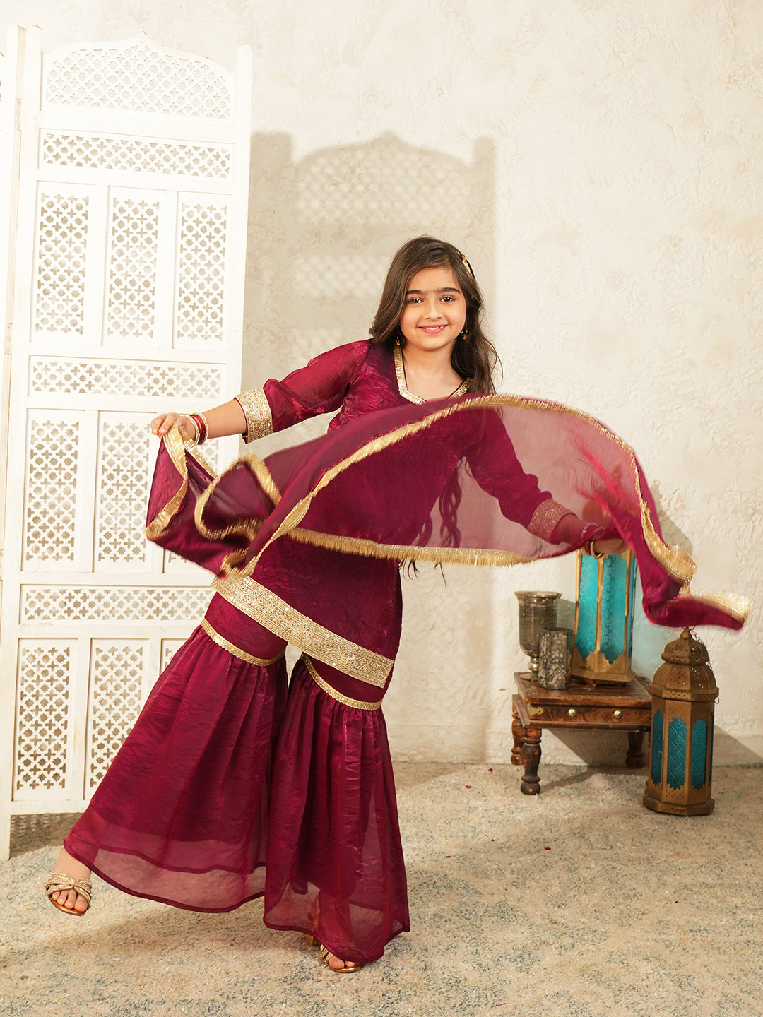 Wine Solid with Lace Work Silk blend Kurti Gharara and Dupatta For Girls