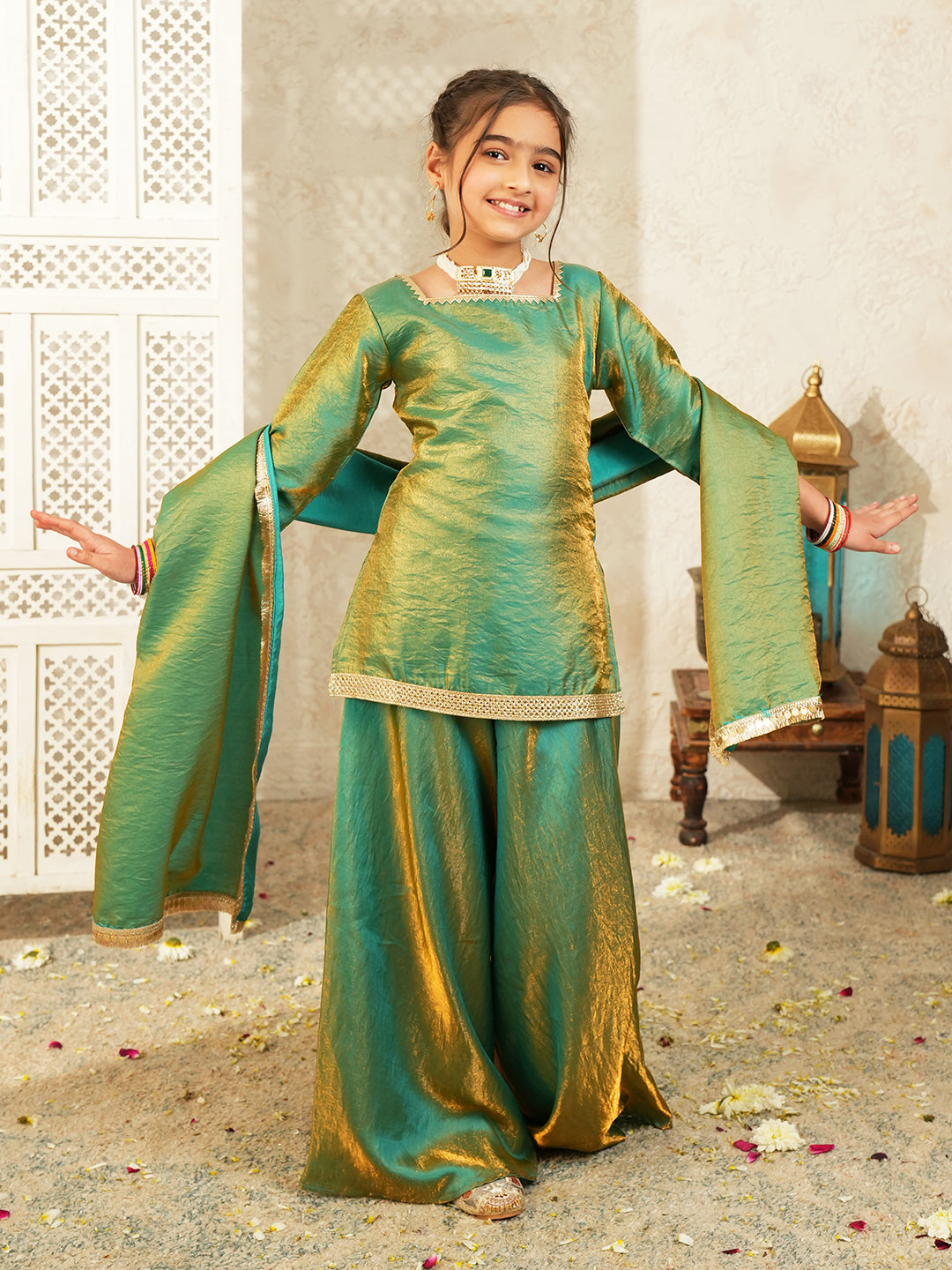 Green Two toned with Lace Work Silk blend Kurti Gharara and Dupatta For Girls