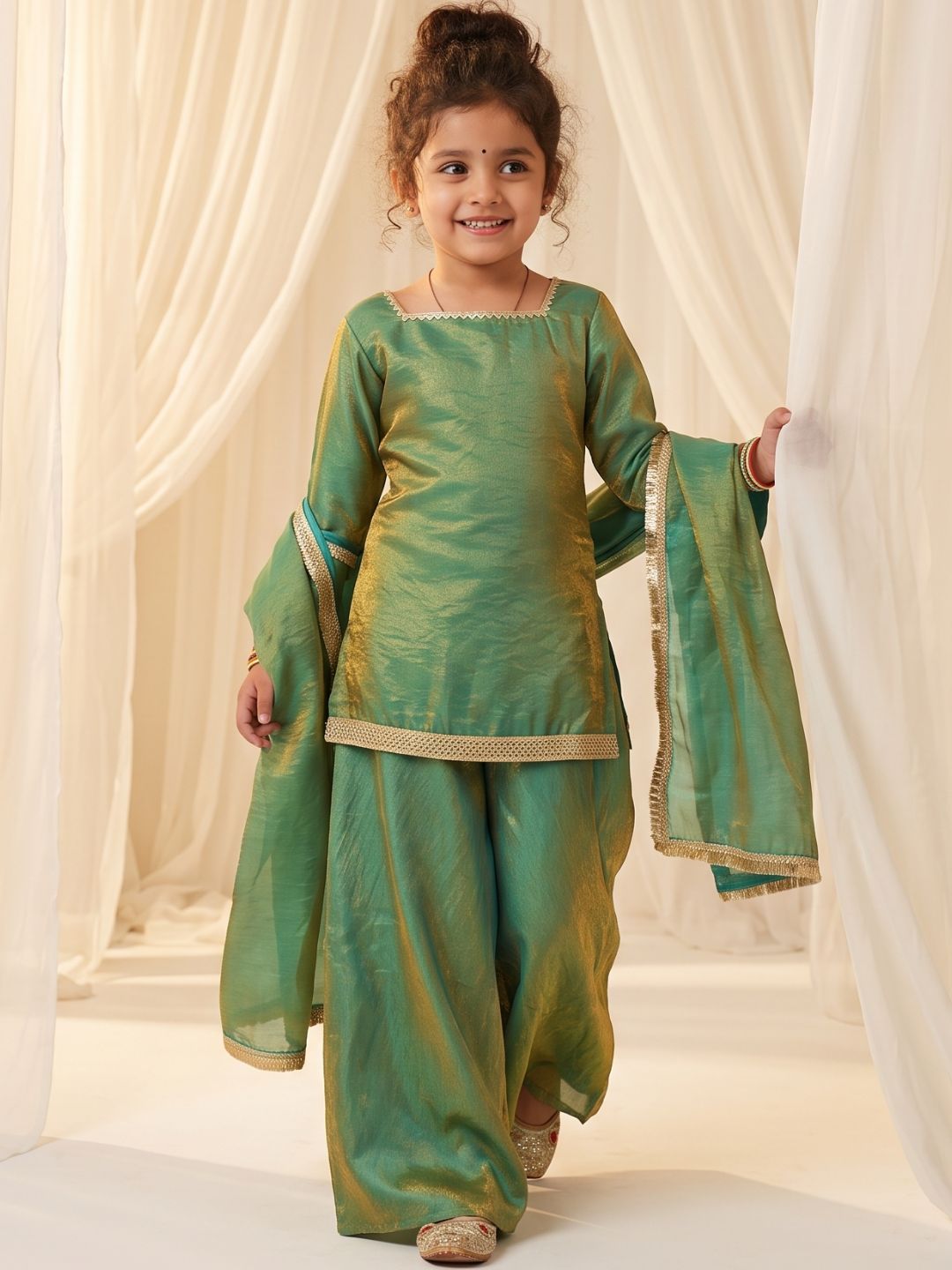 Green Two toned with Lace Work Silk blend Kurti Gharara and Dupatta For Girls