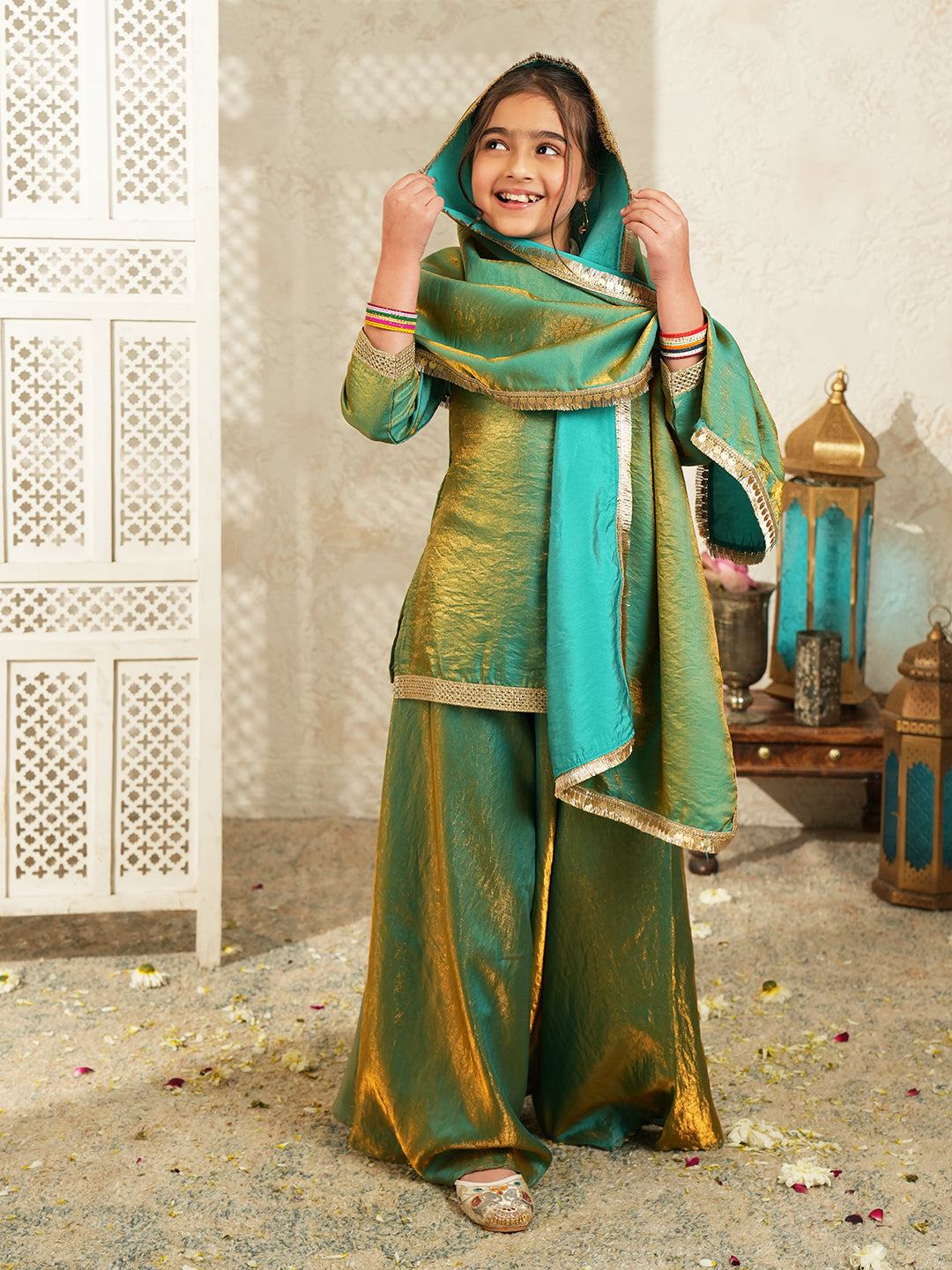Green Two toned with Lace Work Silk blend Kurti Gharara and Dupatta For Girls