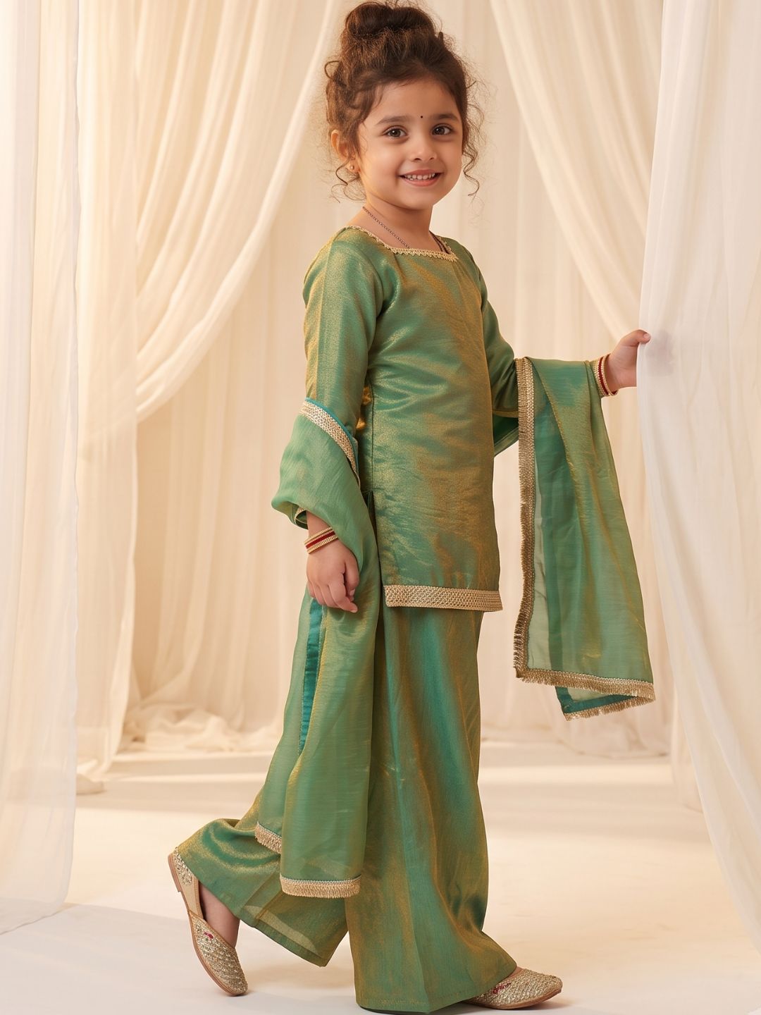 Green Two toned with Lace Work Silk blend Kurti Gharara and Dupatta For Girls