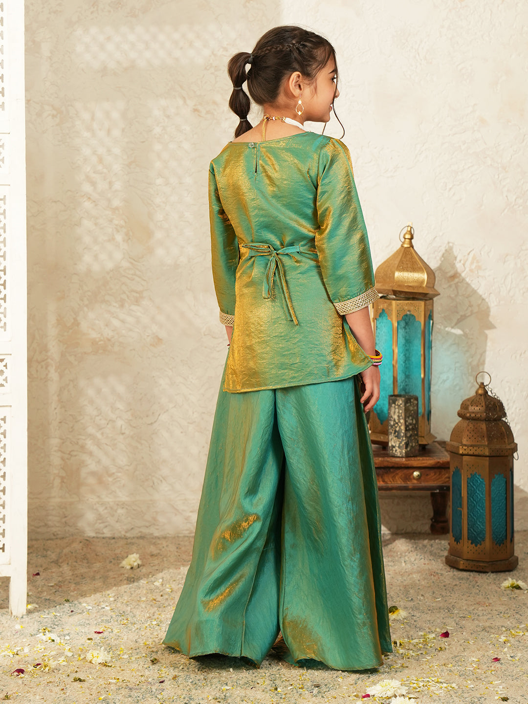 Green Two toned with Lace Work Silk blend Kurti Gharara and Dupatta For Girls