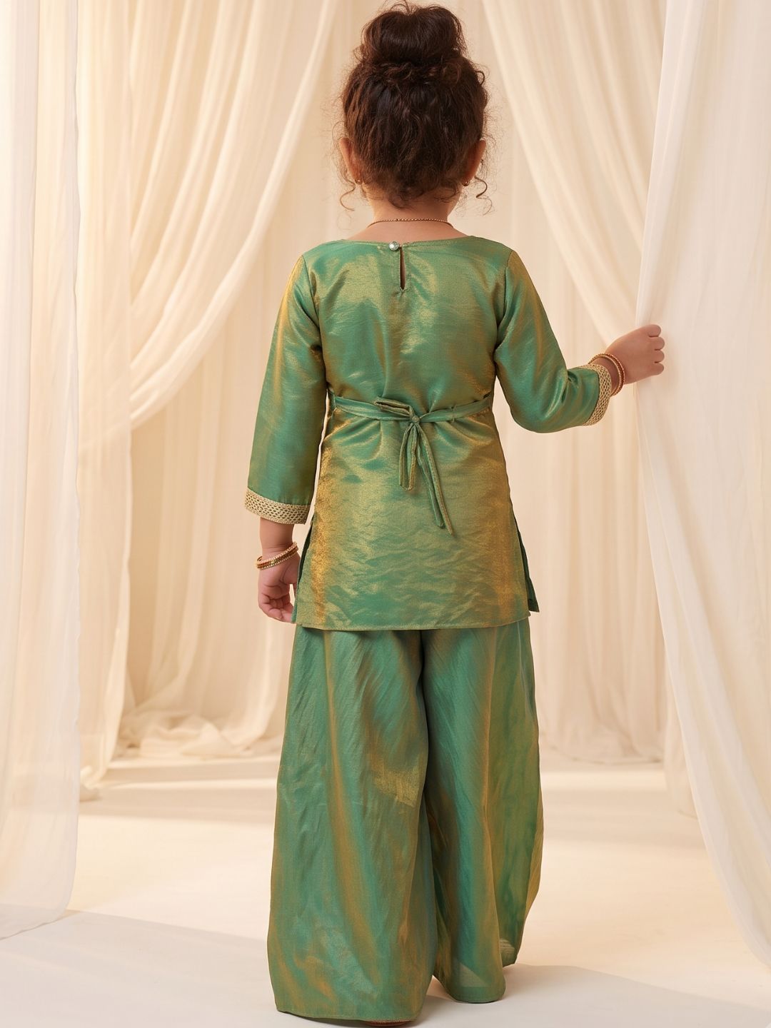 Green Two toned with Lace Work Silk blend Kurti Gharara and Dupatta For Girls