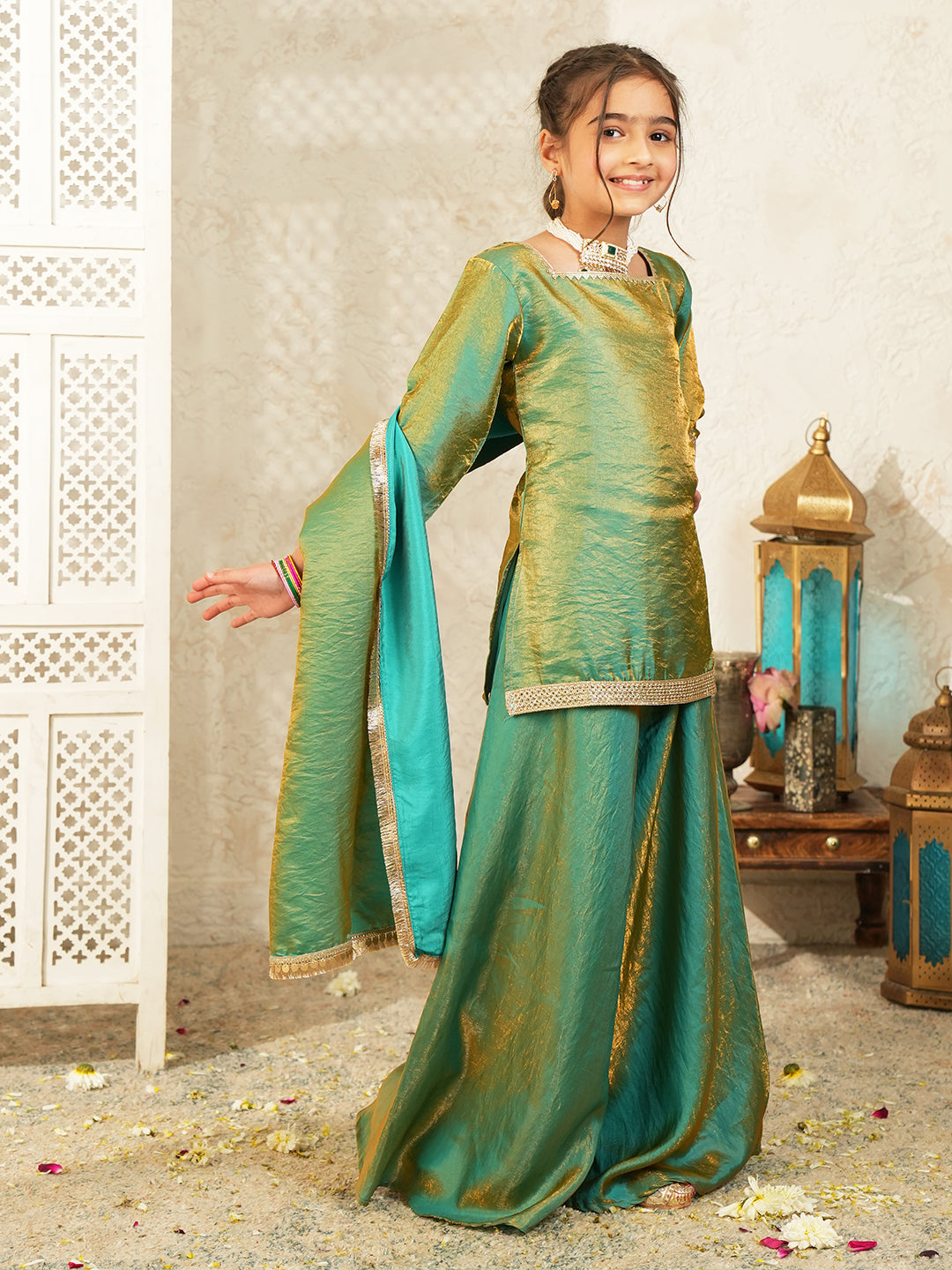 Green Two toned with Lace Work Silk blend Kurti Gharara and Dupatta For Girls