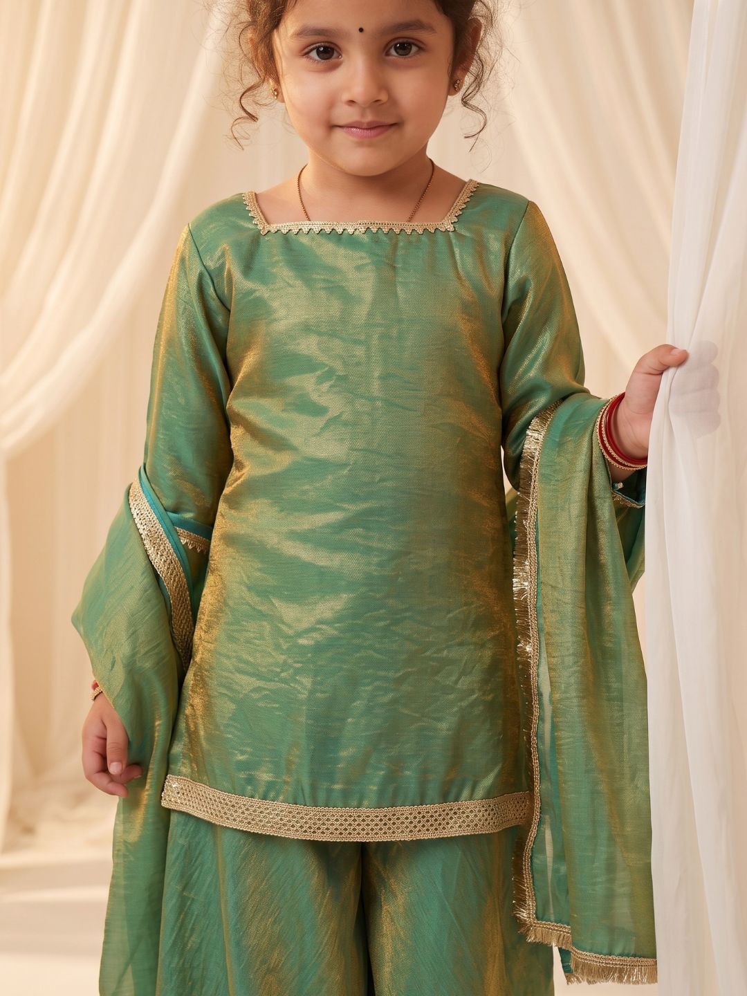 Green Two toned with Lace Work Silk blend Kurti Gharara and Dupatta For Girls