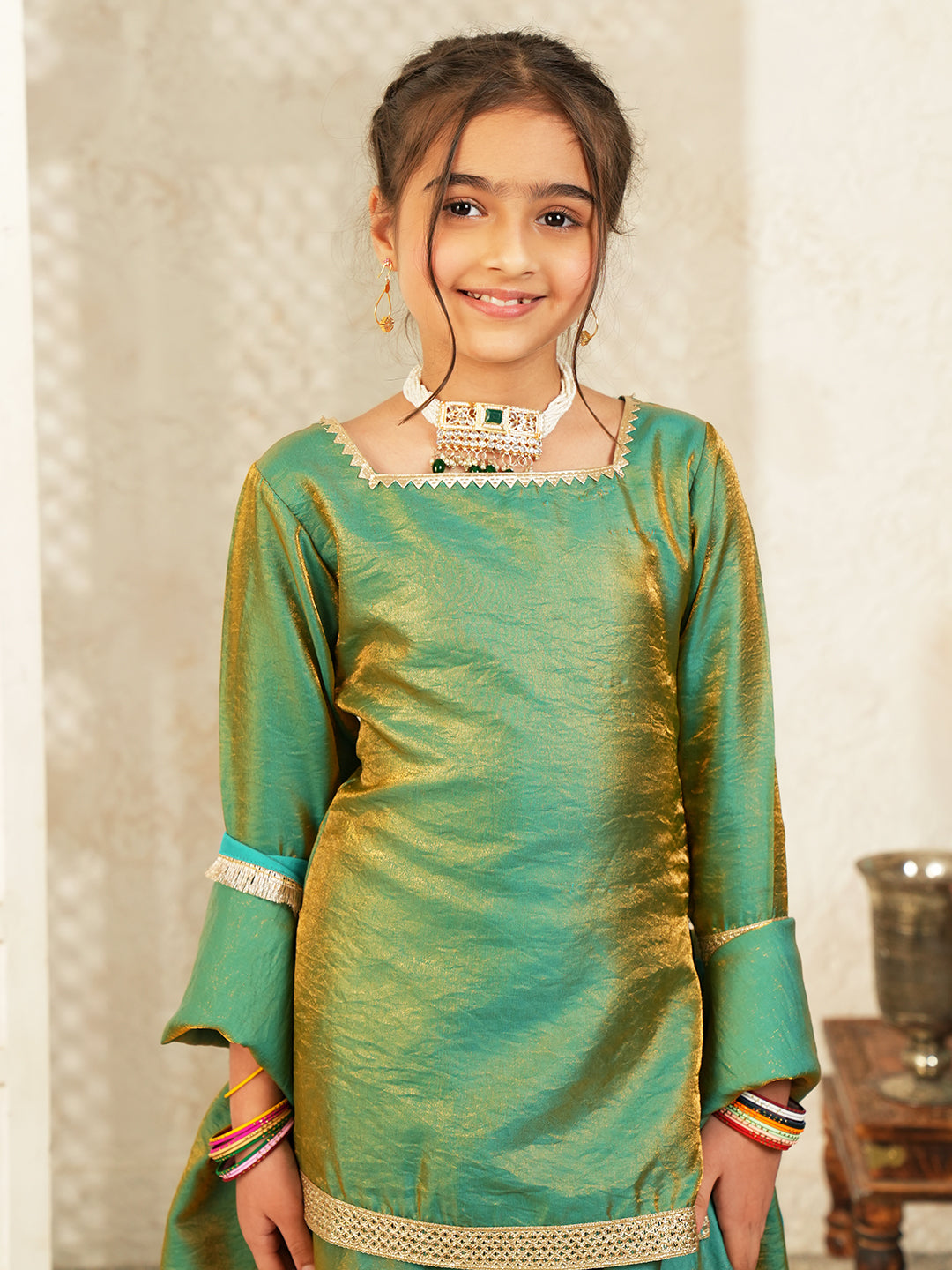Green Two toned with Lace Work Silk blend Kurti Gharara and Dupatta For Girls