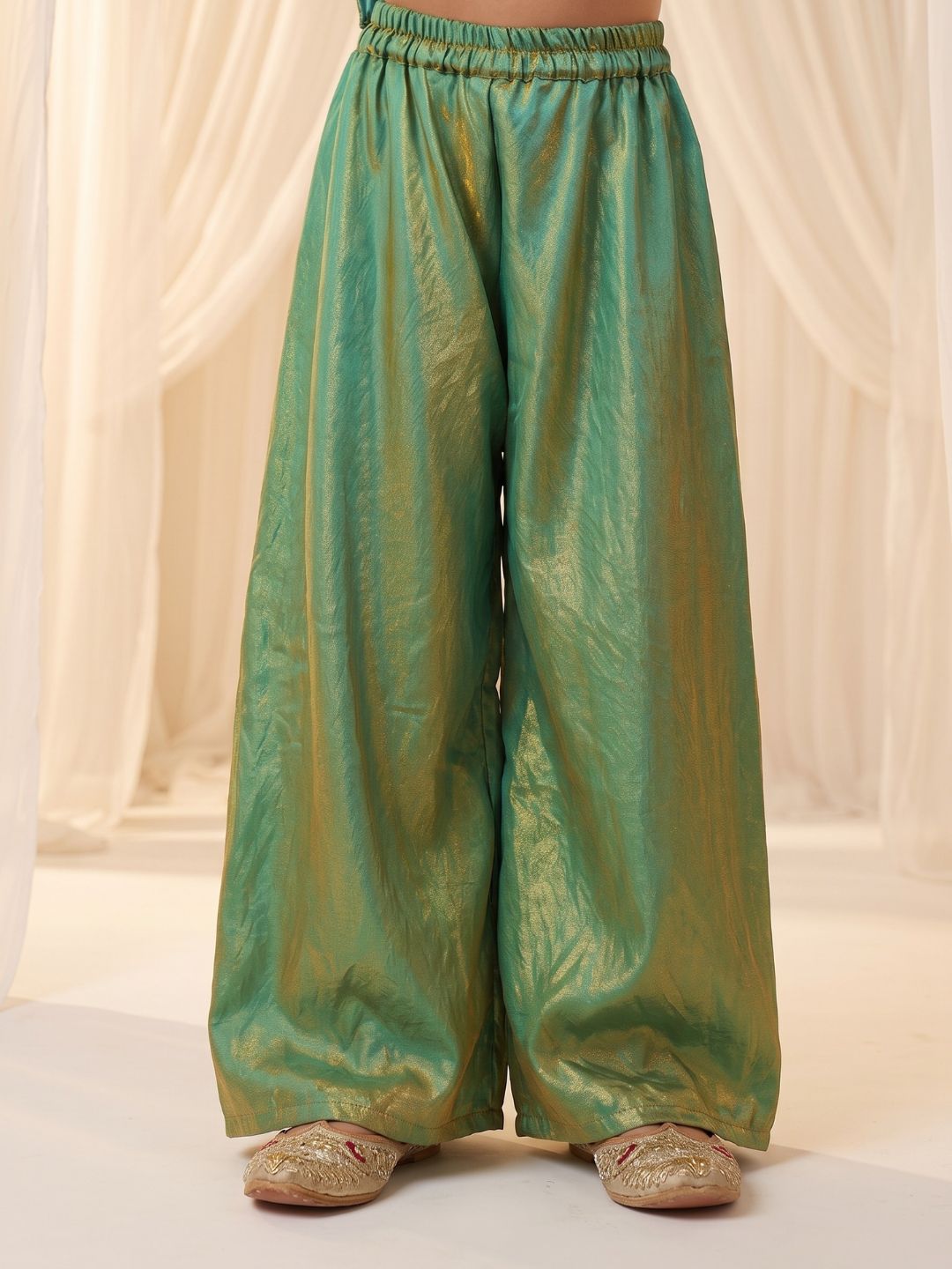 Green Two toned with Lace Work Silk blend Kurti Gharara and Dupatta For Girls