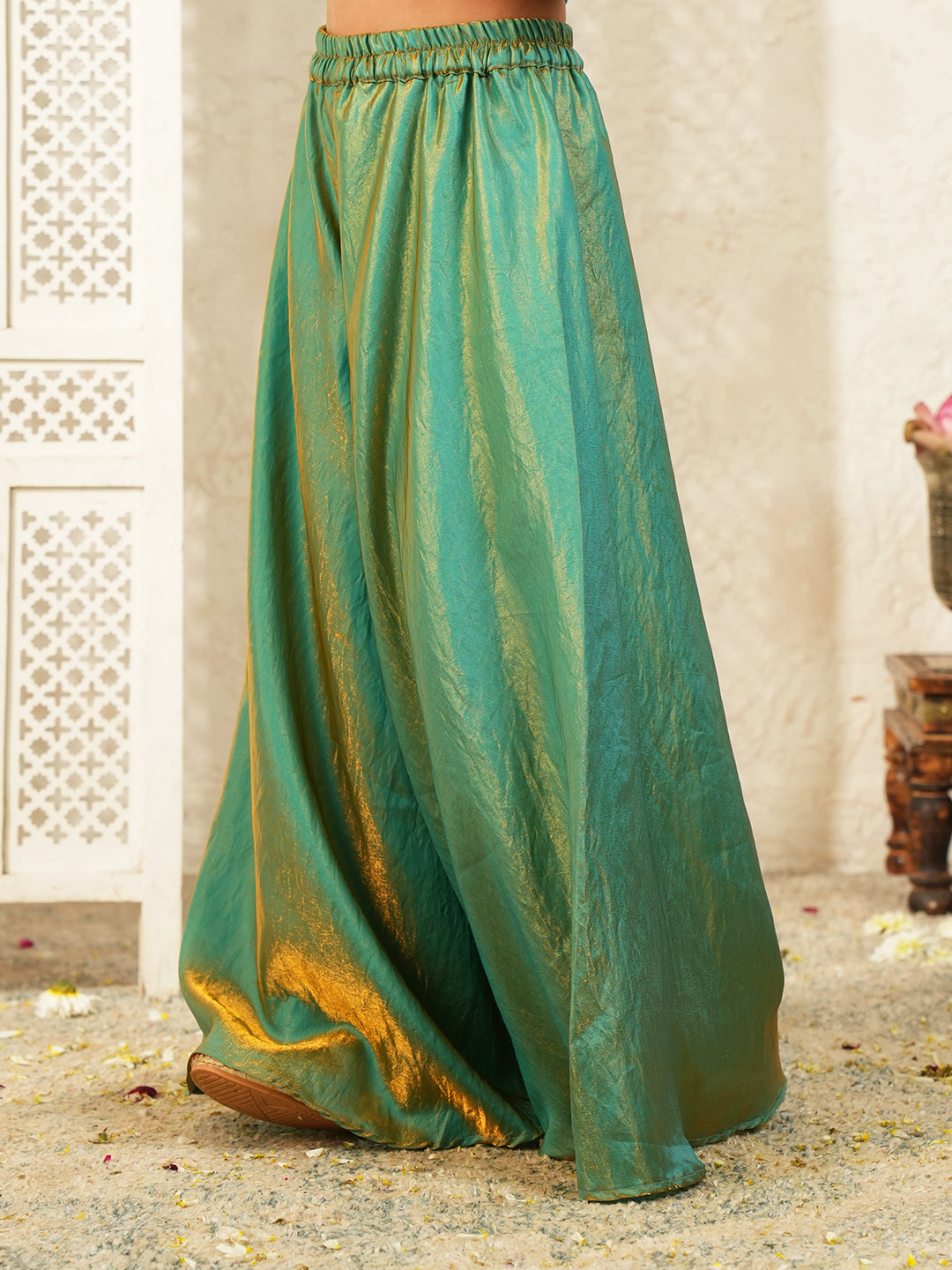 Green Two toned with Lace Work Silk blend Kurti Gharara and Dupatta For Girls