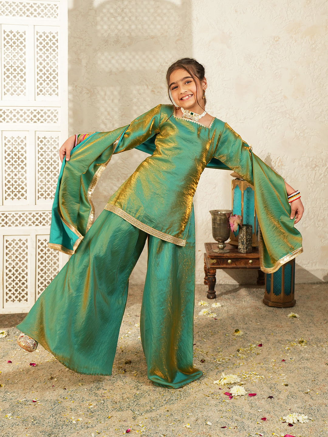 Green Two toned with Lace Work Silk blend Kurti Gharara and Dupatta For Girls