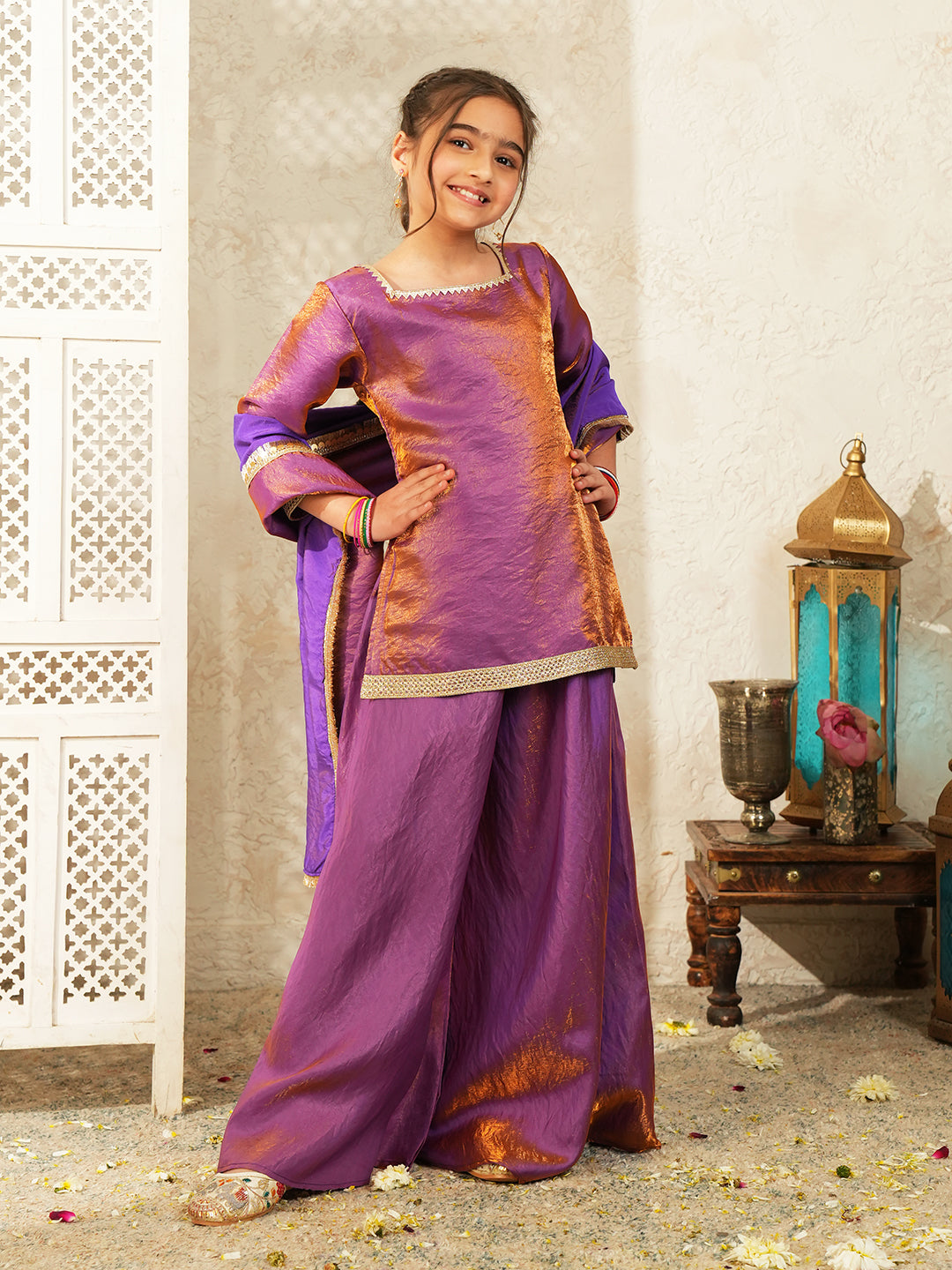 Purple Two toned with Lace Work Silk blend Kurti Gharara and Dupatta For Girls