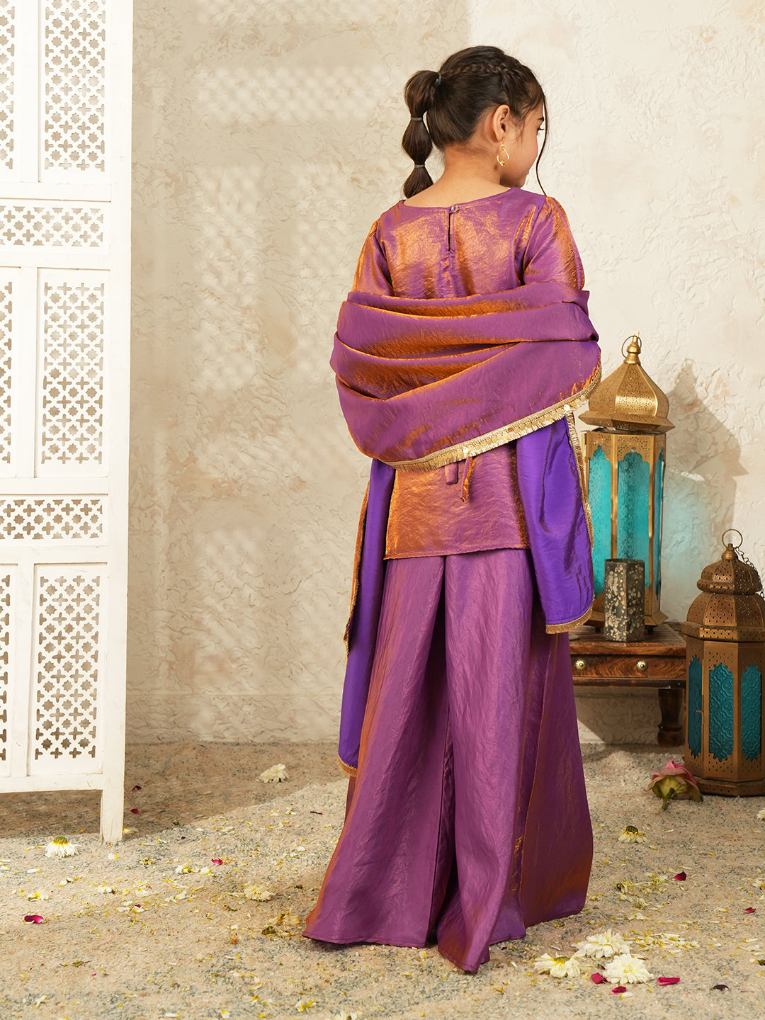 Purple Two toned with Lace Work Silk blend Kurti Gharara and Dupatta For Girls