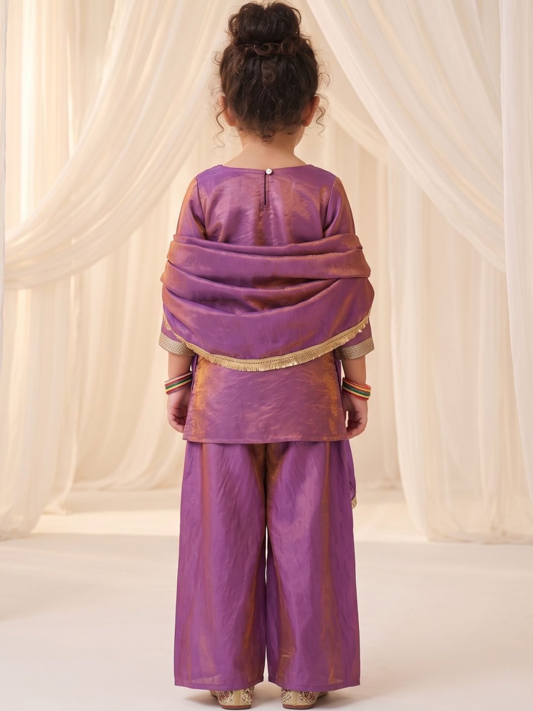 Purple Two toned with Lace Work Silk blend Kurti Gharara and Dupatta For Girls