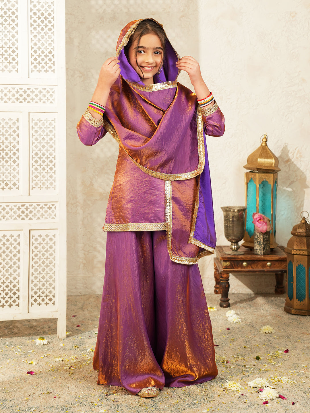 Purple Two toned with Lace Work Silk blend Kurti Gharara and Dupatta For Girls