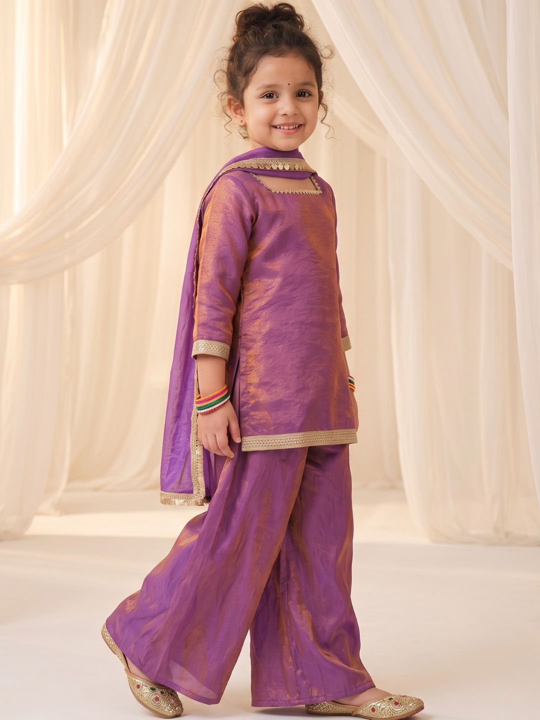Purple Two toned with Lace Work Silk blend Kurti Gharara and Dupatta For Girls