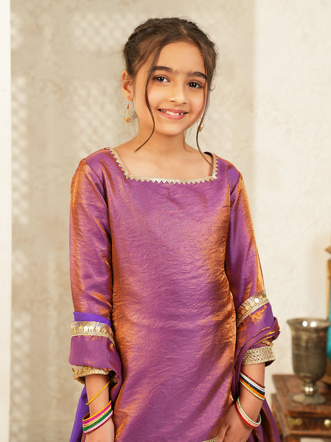 Purple Two toned with Lace Work Silk blend Kurti Gharara and Dupatta For Girls
