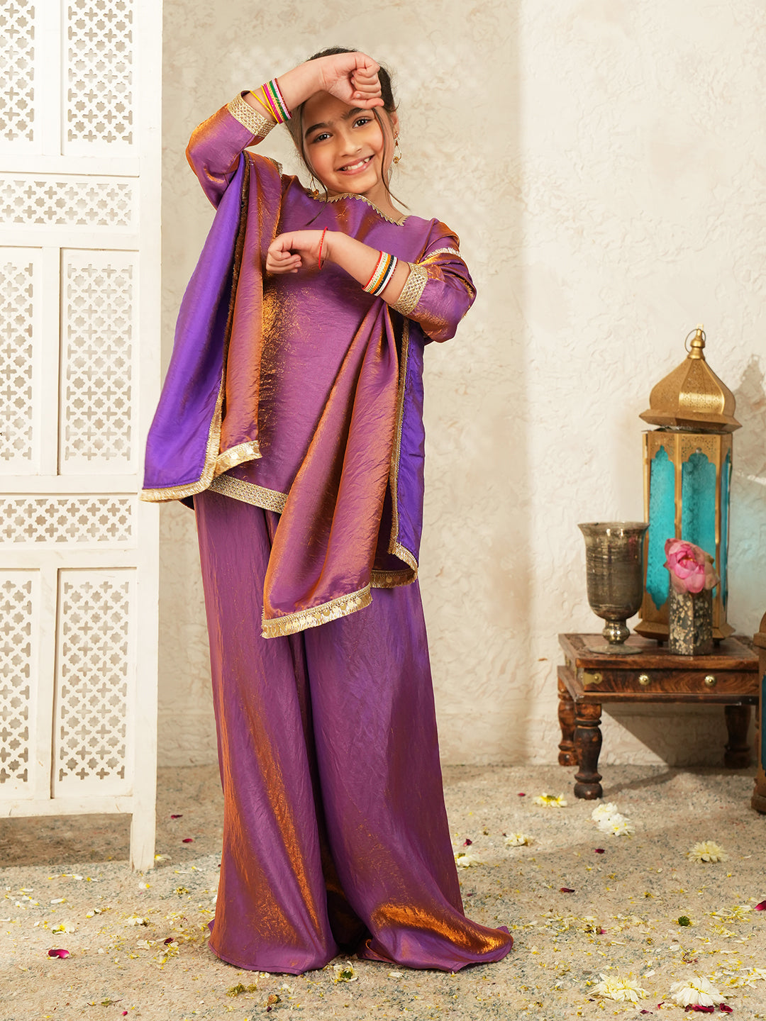 Purple Two toned with Lace Work Silk blend Kurti Gharara and Dupatta For Girls