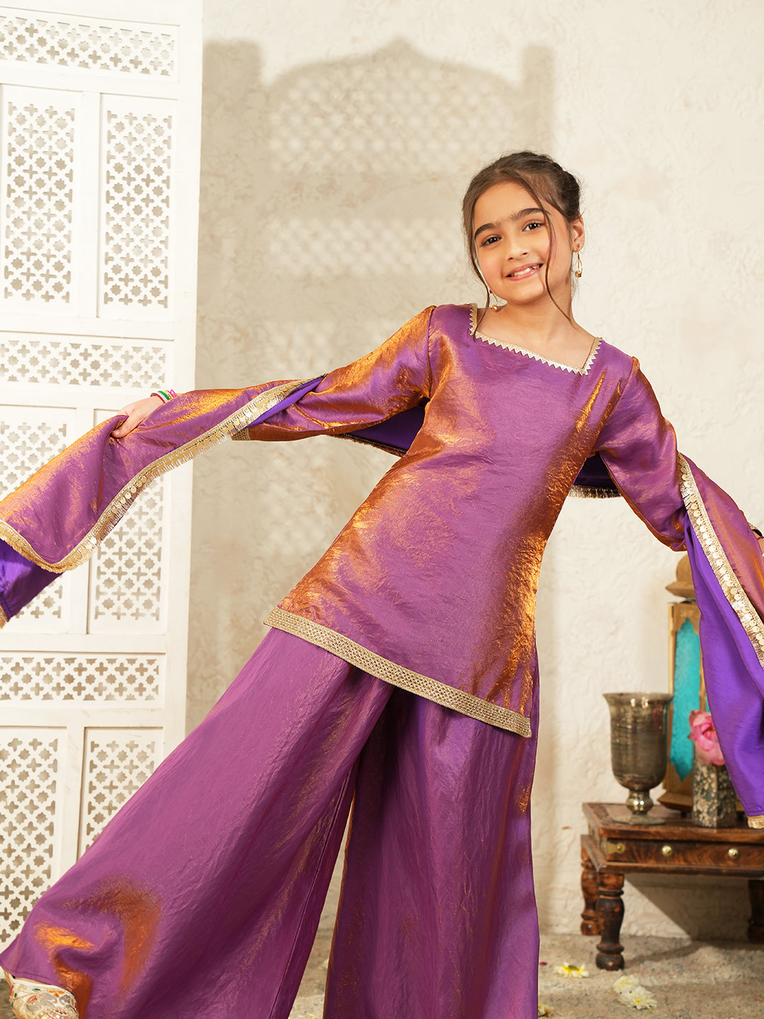 Purple Two toned with Lace Work Silk blend Kurti Gharara and Dupatta For Girls