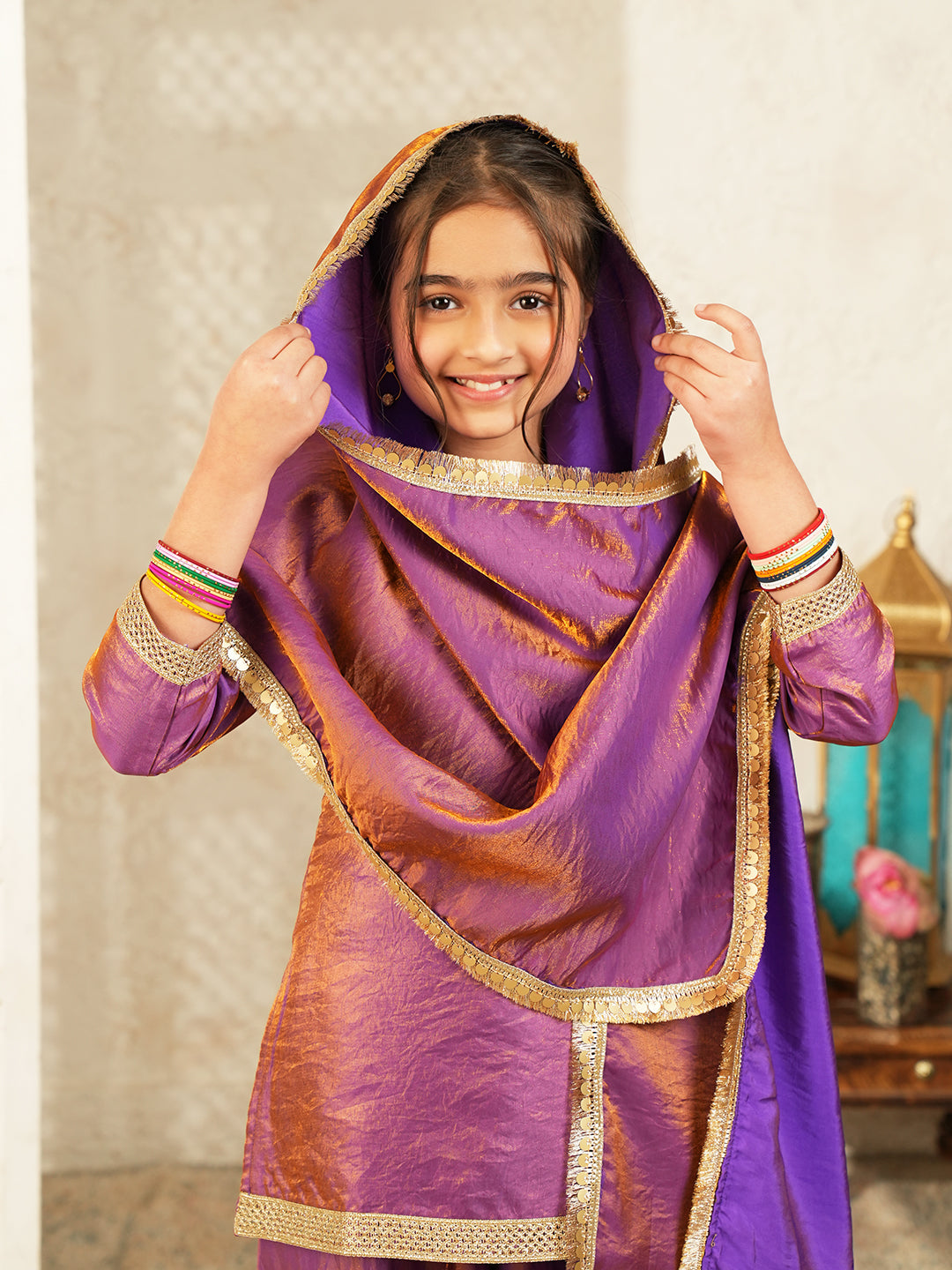 Purple Two toned with Lace Work Silk blend Kurti Gharara and Dupatta For Girls