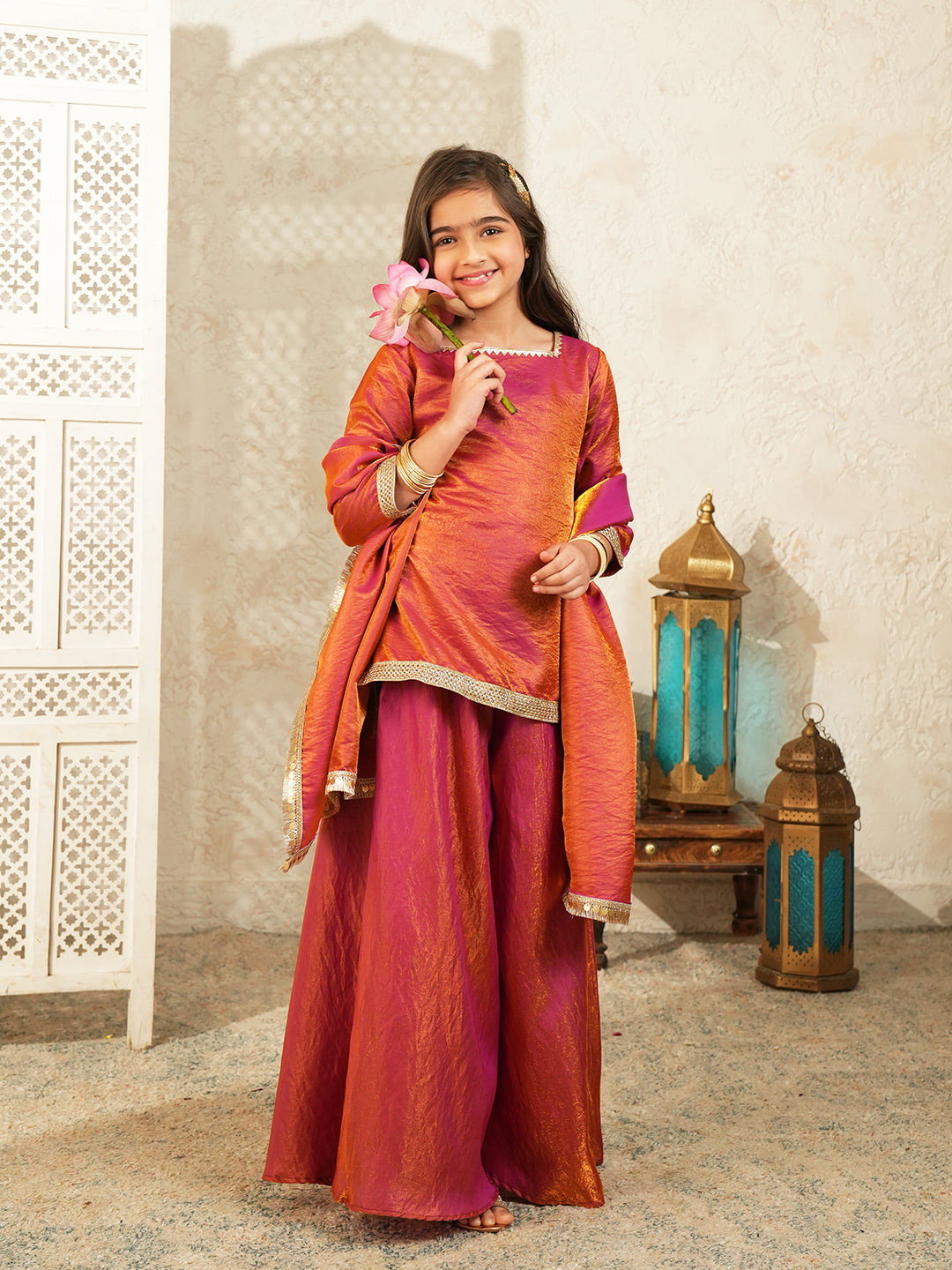 Red Two toned with Lace Work Silk blend Kurti Gharara and Dupatta For Girls