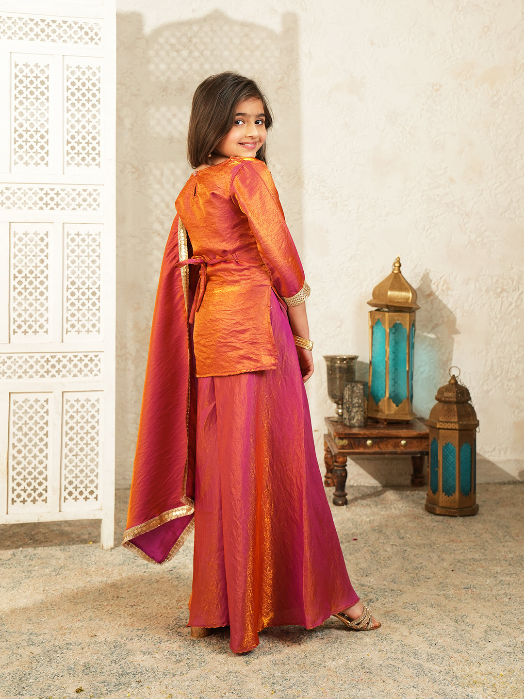 Red Two toned with Lace Work Silk blend Kurti Gharara and Dupatta For Girls