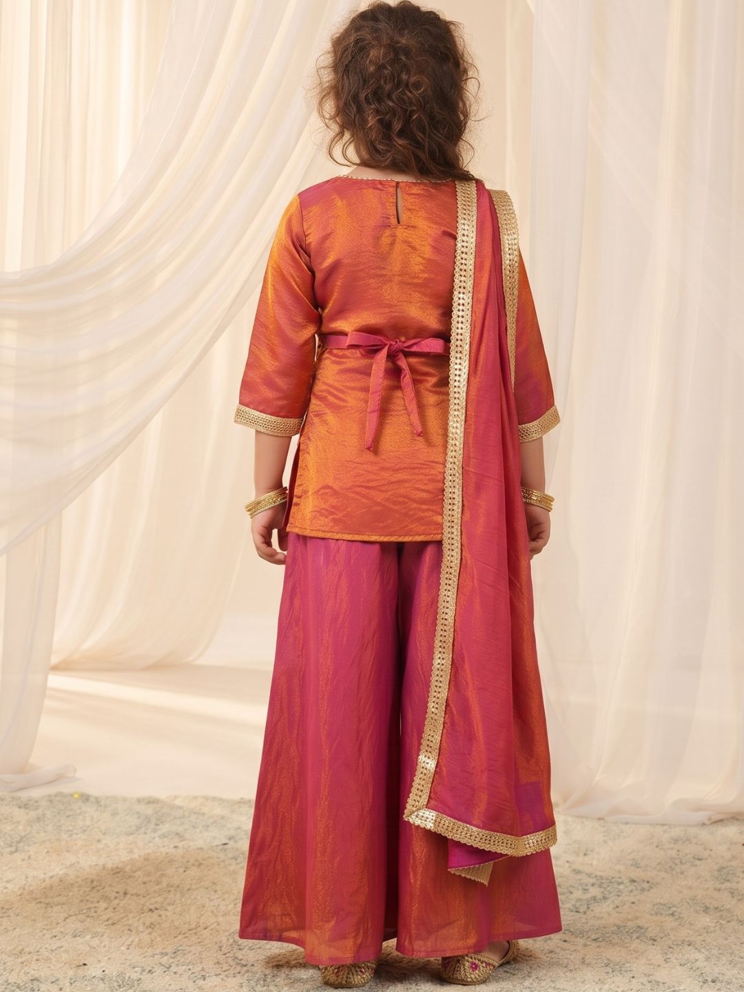 Red Two toned with Lace Work Silk blend Kurti Gharara and Dupatta For Girls