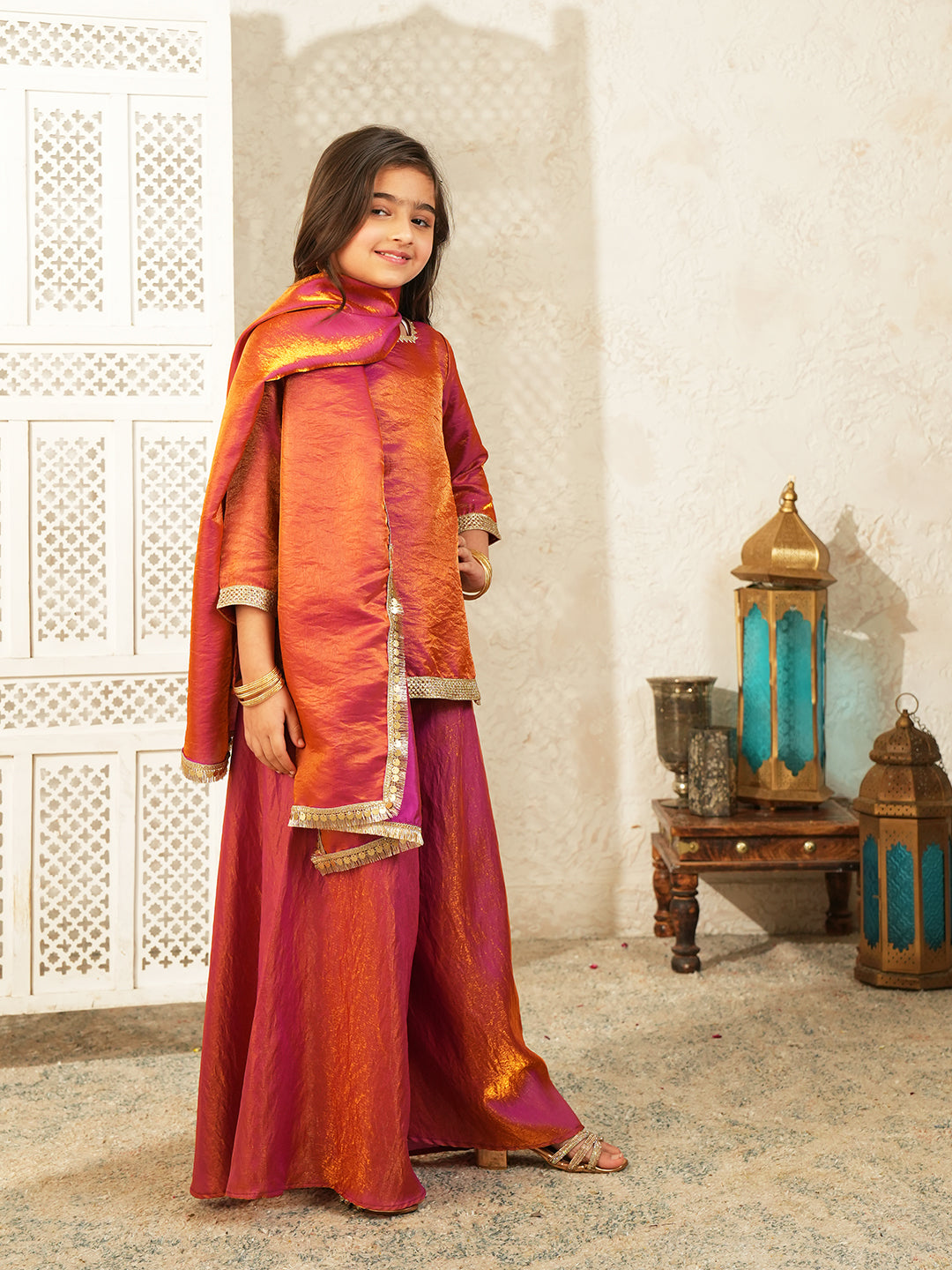 Red Two toned with Lace Work Silk blend Kurti Gharara and Dupatta For Girls