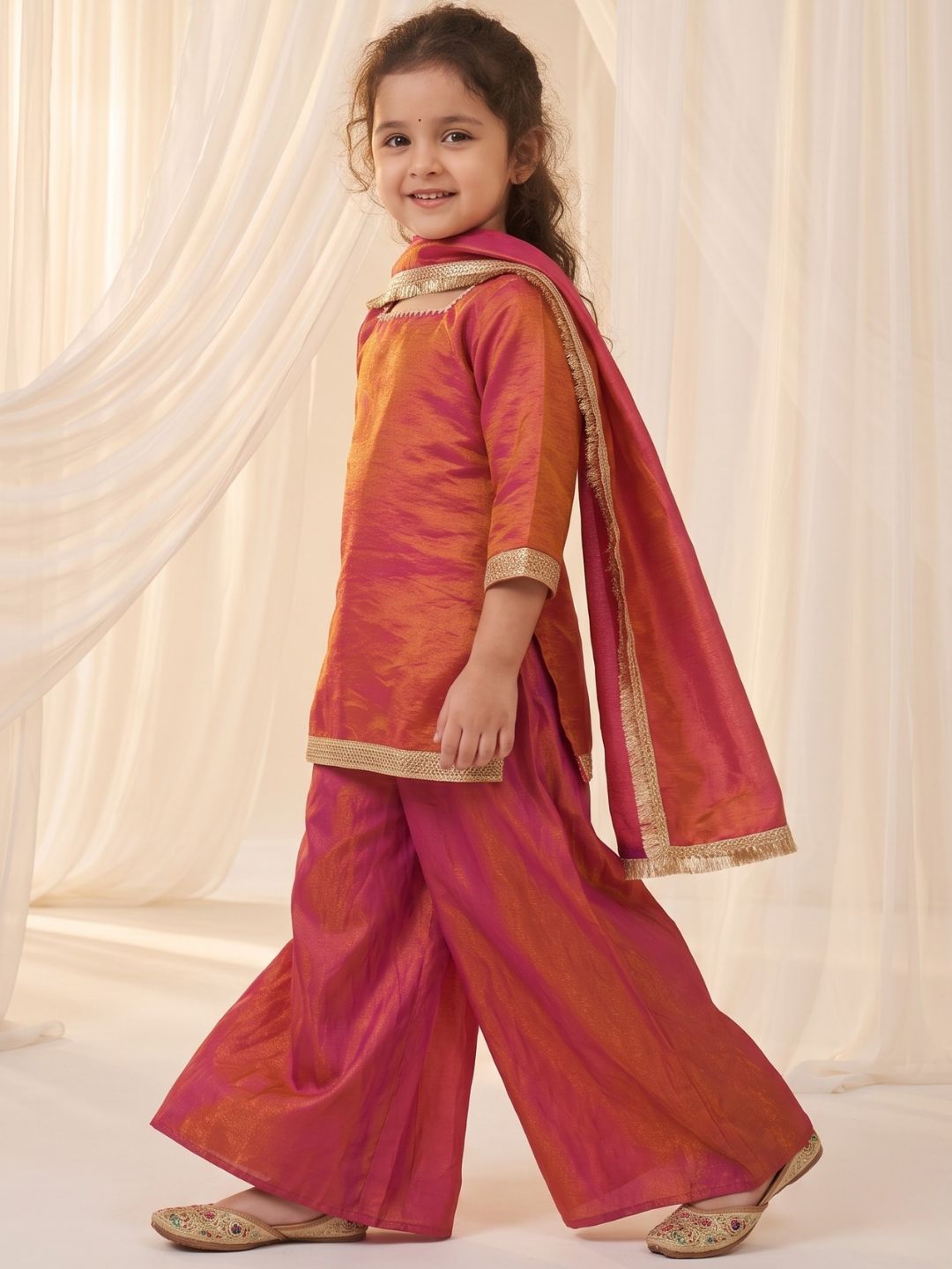Red Two toned with Lace Work Silk blend Kurti Gharara and Dupatta For Girls
