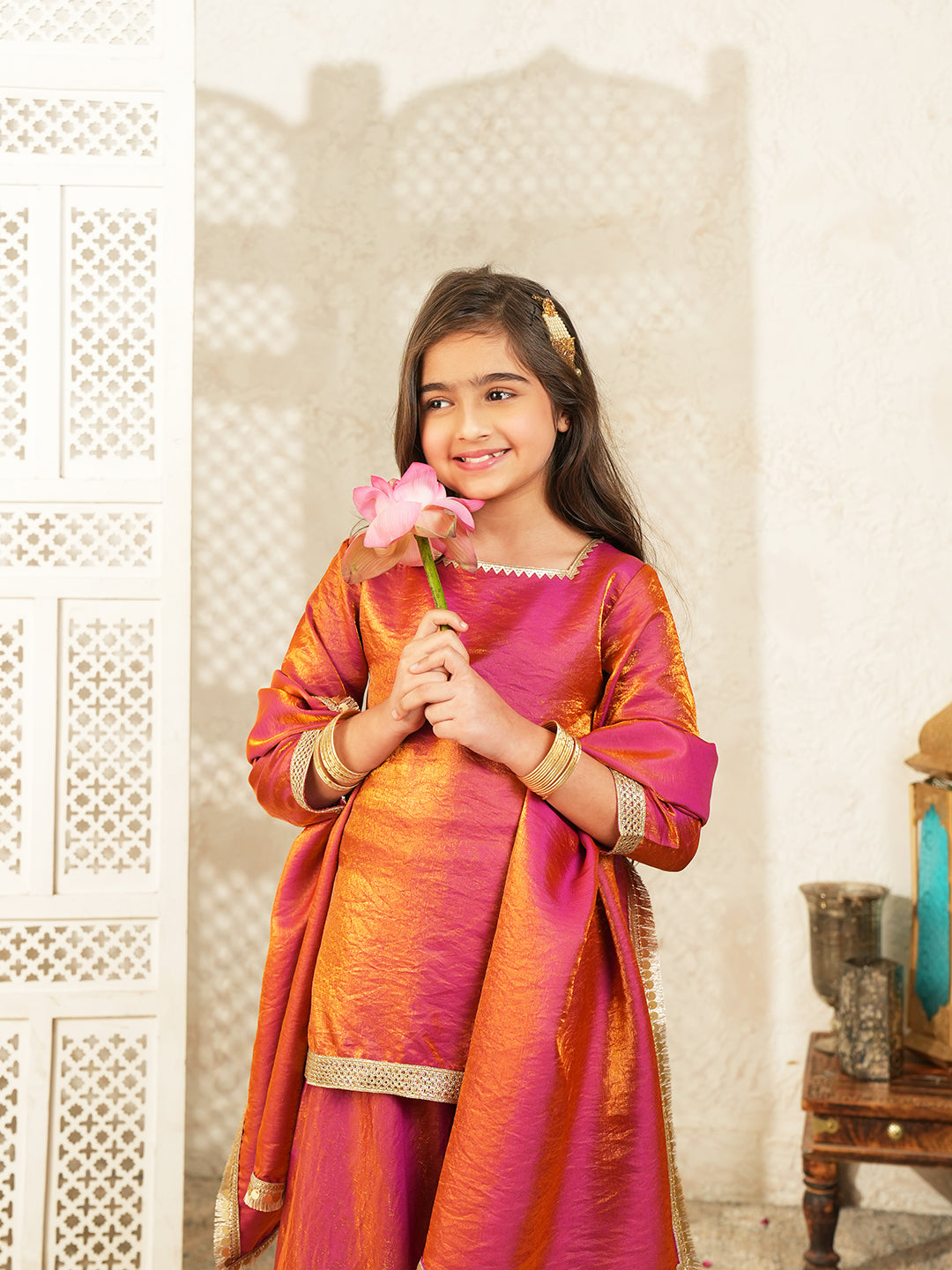 Red Two toned with Lace Work Silk blend Kurti Gharara and Dupatta For Girls