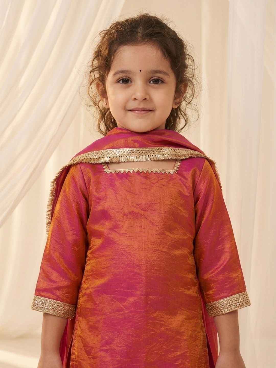 Red Two toned with Lace Work Silk blend Kurti Gharara and Dupatta For Girls