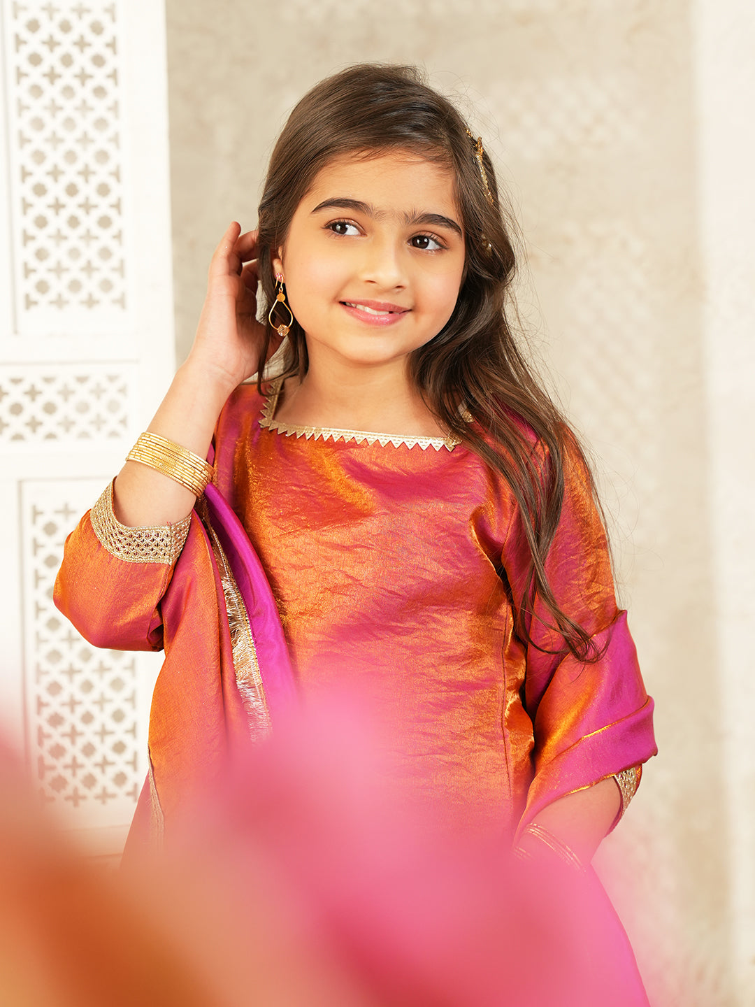 Red Two toned with Lace Work Silk blend Kurti Gharara and Dupatta For Girls