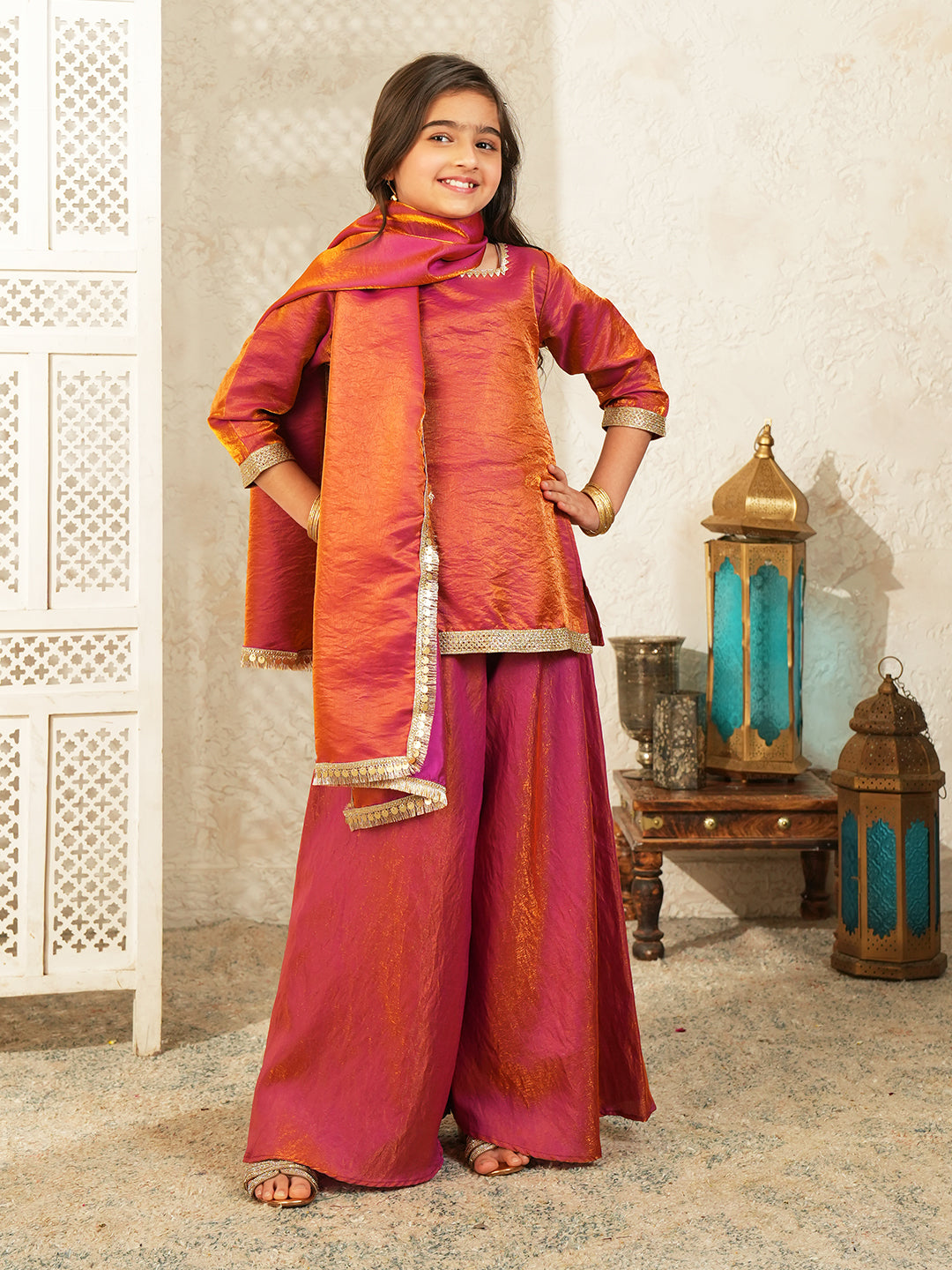 Red Two toned with Lace Work Silk blend Kurti Gharara and Dupatta For Girls