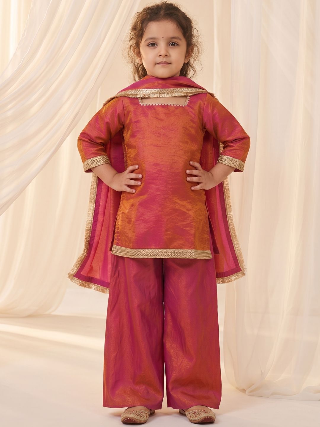 Red Two toned with Lace Work Silk blend Kurti Gharara and Dupatta For Girls