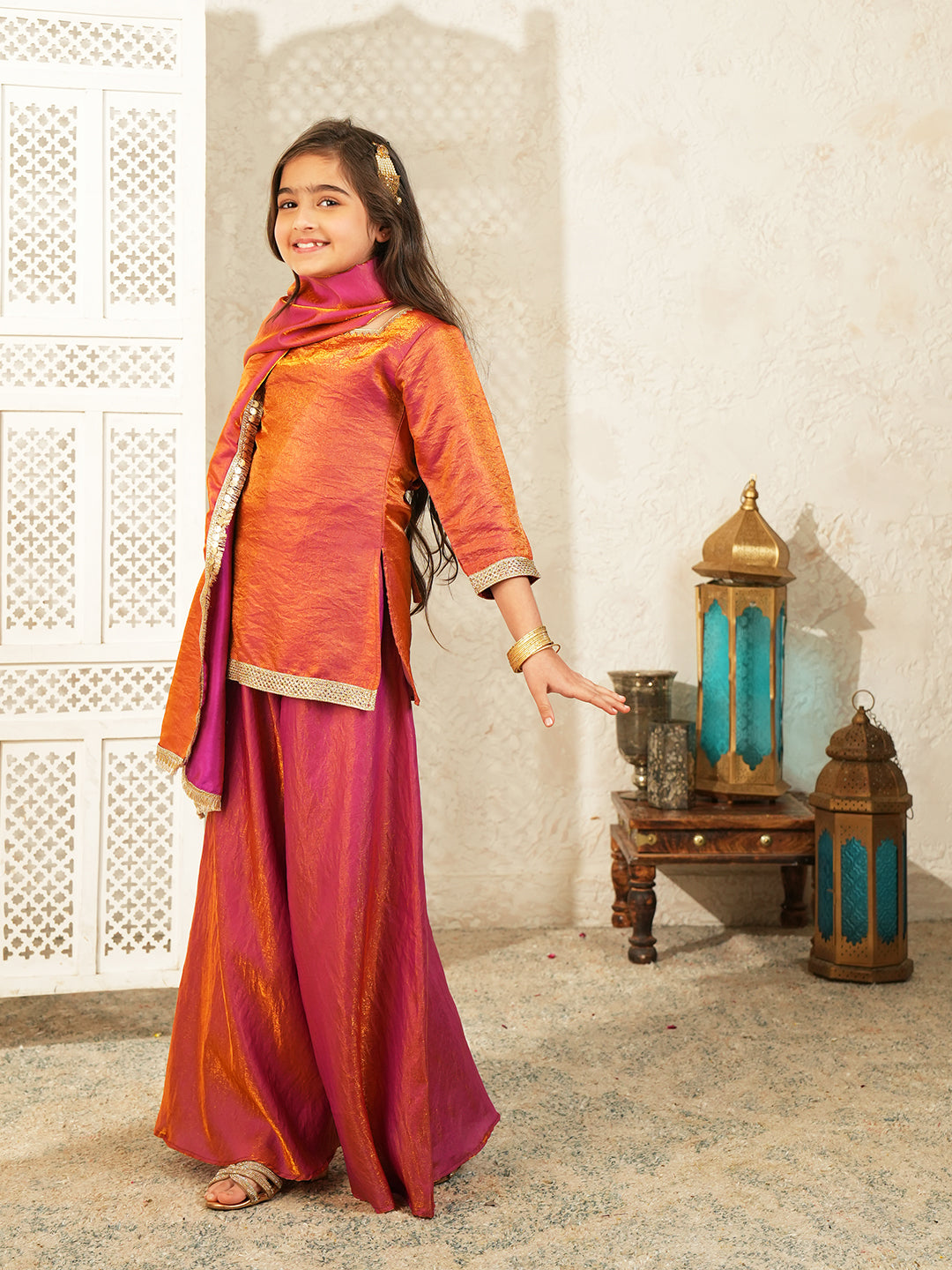 Red Two toned with Lace Work Silk blend Kurti Gharara and Dupatta For Girls