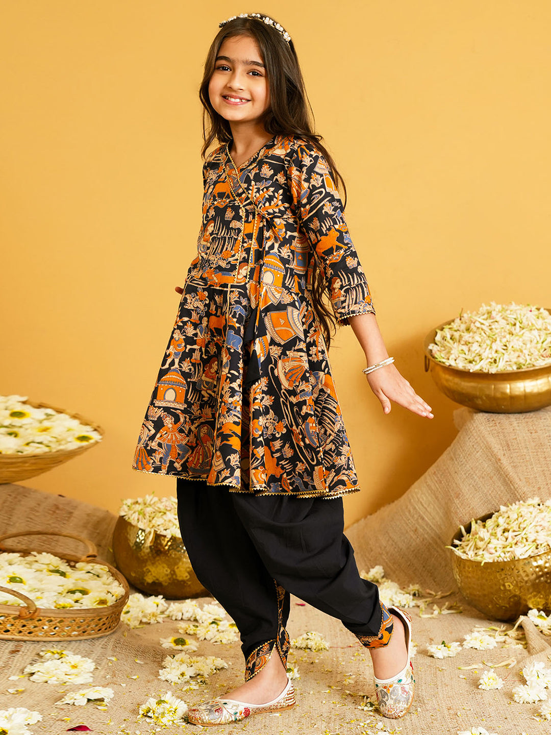 Black Printed and Lace Work Pure Cotton Kurti and Dhoti For Girls