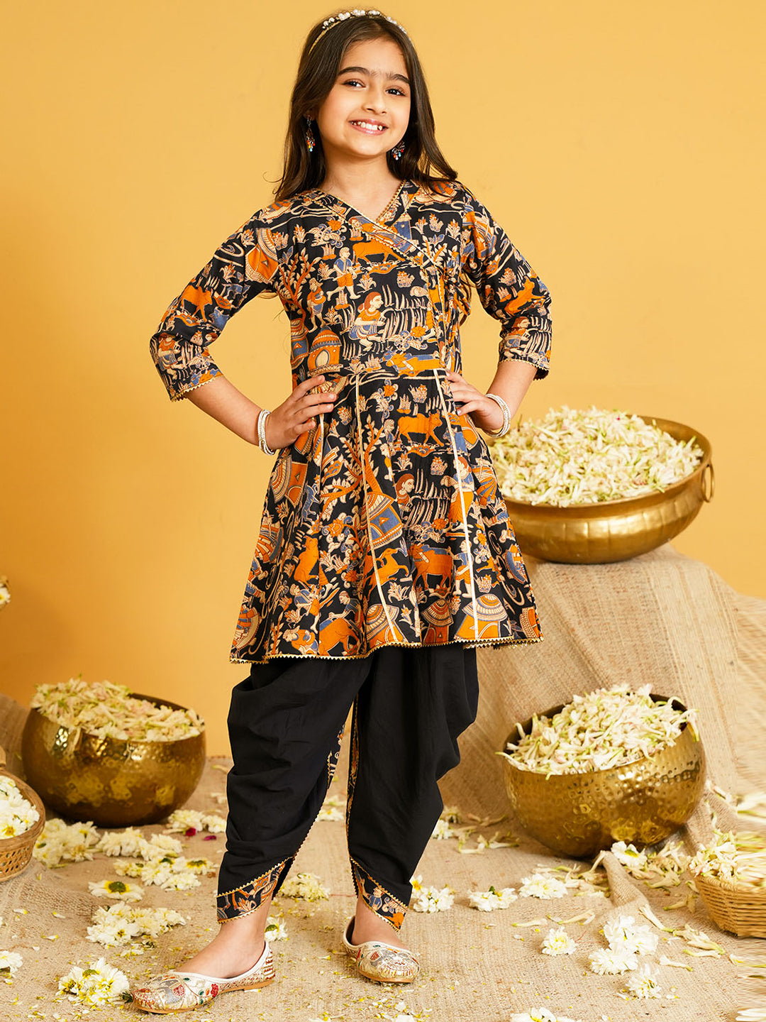 Black Printed Pure Cotton Kurta Pyjama Waist Coat Set For Boys And Kurti and Dhoti Set For Girls - Sibling set