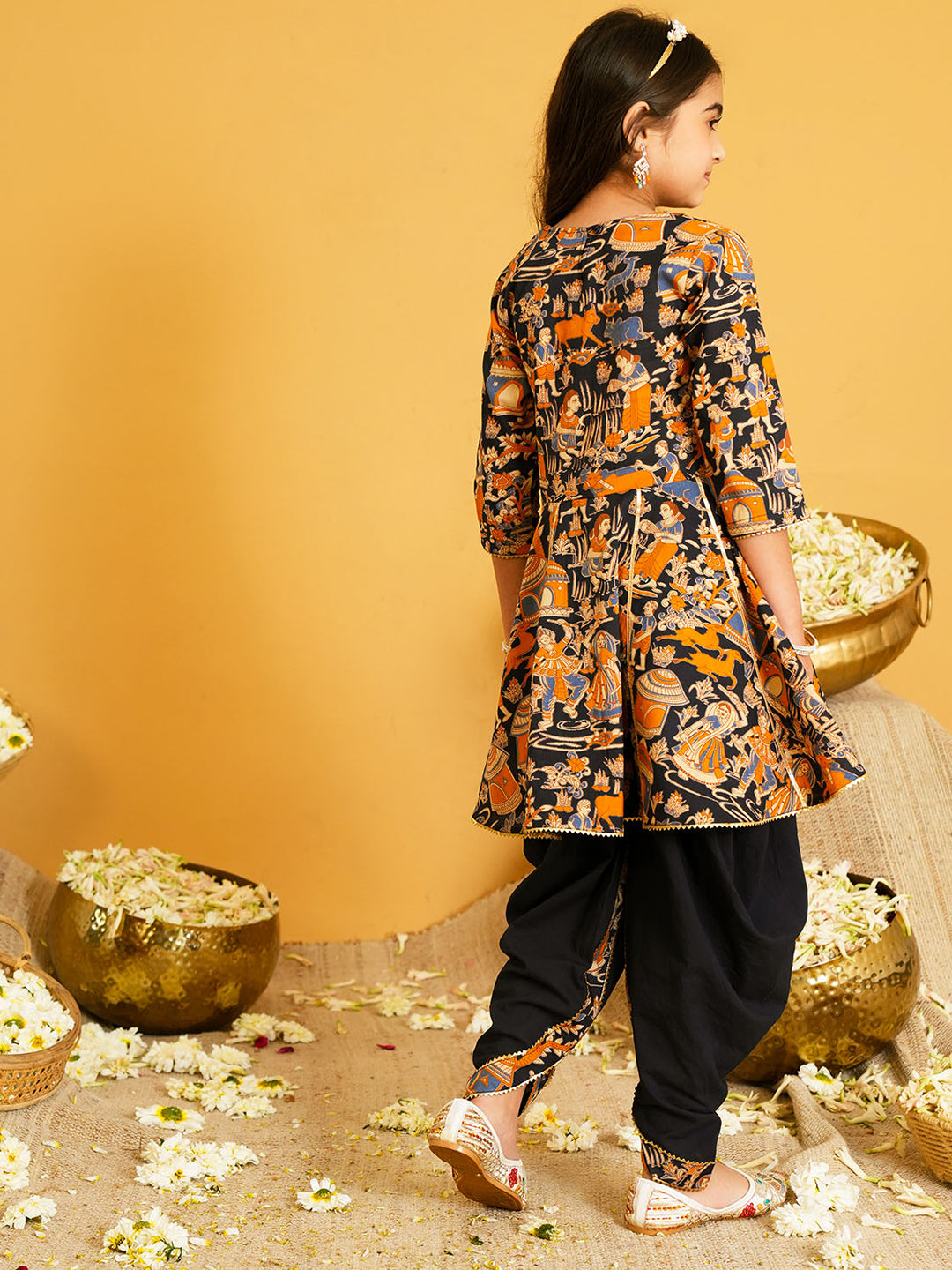 Black Printed Pure Cotton Kurta Pyjama Waist Coat Set For Boys And Kurti and Dhoti Set For Girls - Sibling set
