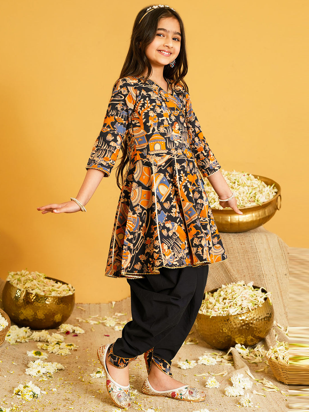 Black Printed Pure Cotton Kurta Pyjama Waist Coat Set For Boys And Kurti and Dhoti Set For Girls - Sibling set