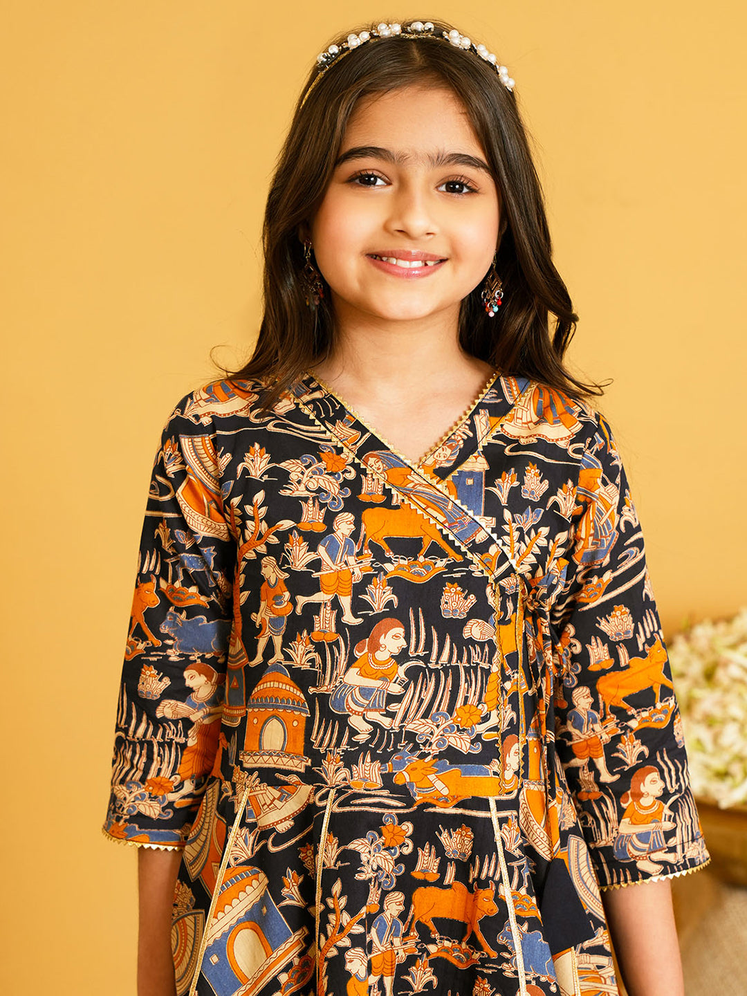 Black Printed Pure Cotton Kurta Pyjama Waist Coat Set For Boys And Kurti and Dhoti Set For Girls - Sibling set