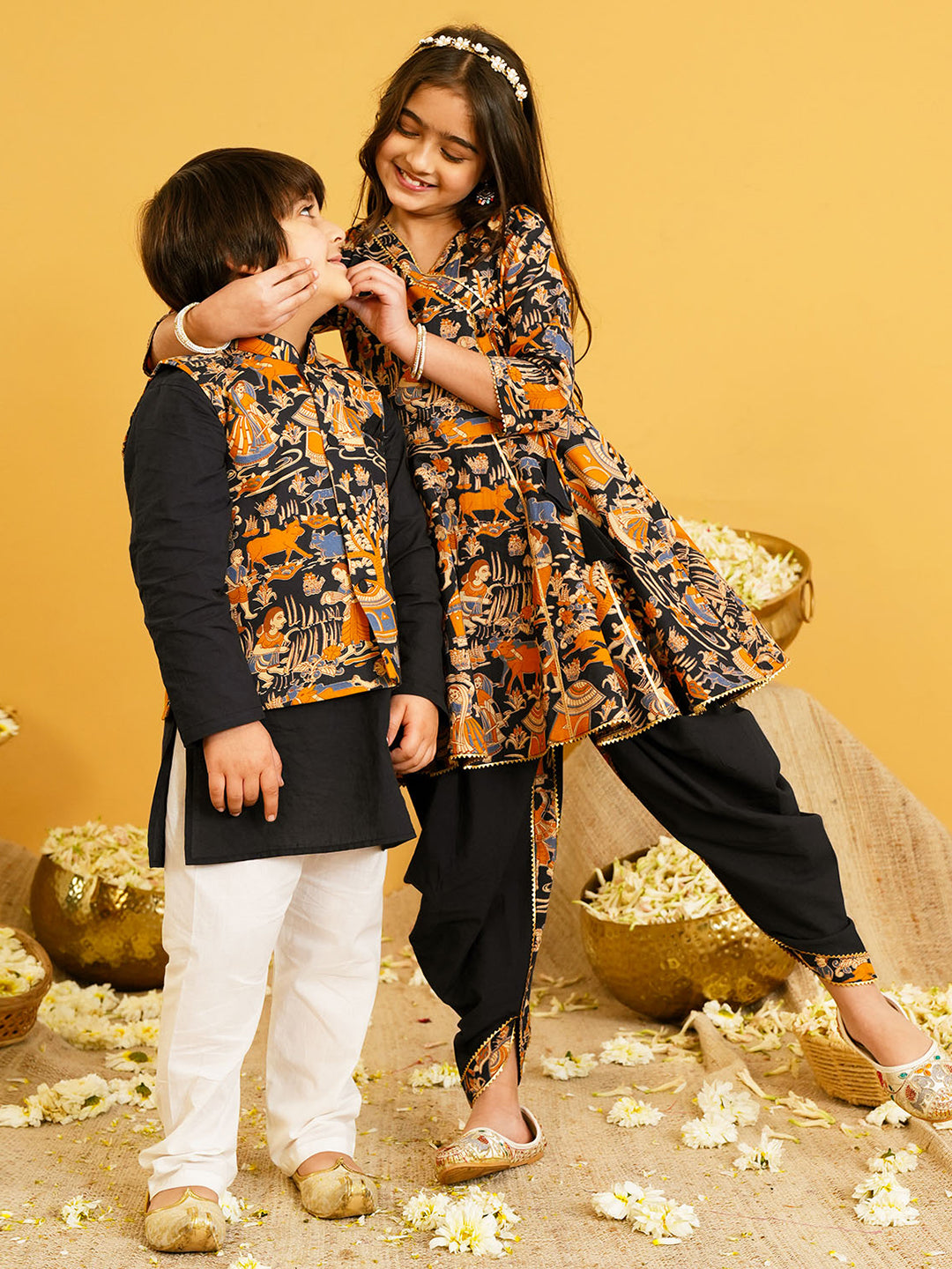 Black Printed Pure Cotton Kurta Pyjama Waist Coat Set For Boys And Kurti and Dhoti Set For Girls - Sibling set