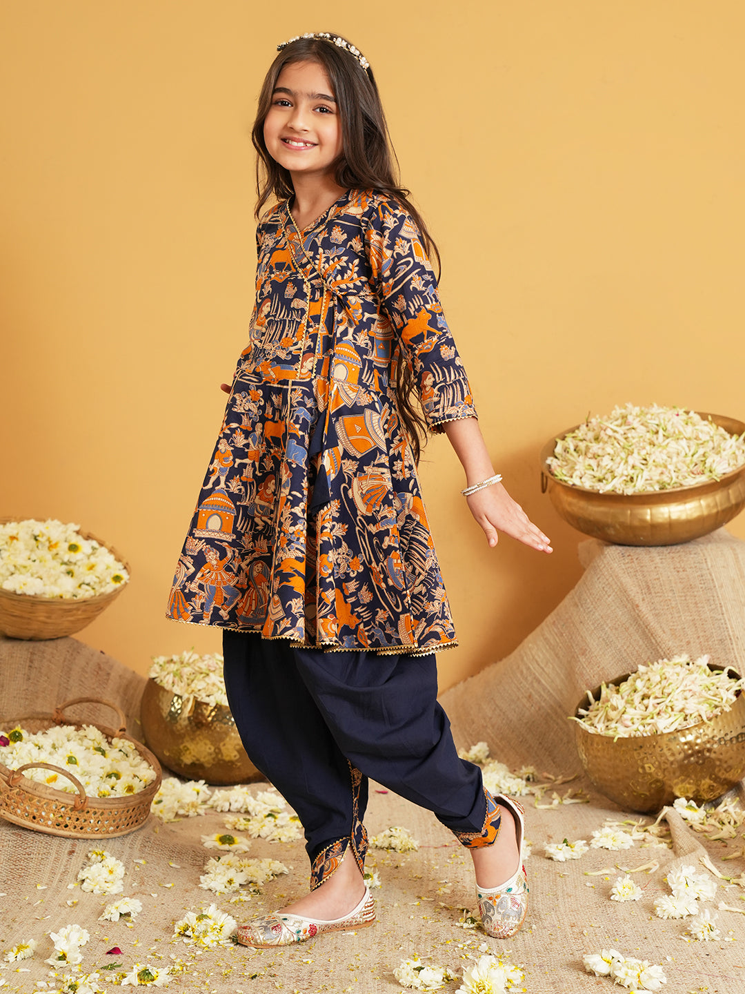 Navy Blue Printed and Lace Work Pure Cotton Kurti and Dhoti For Kids Girls