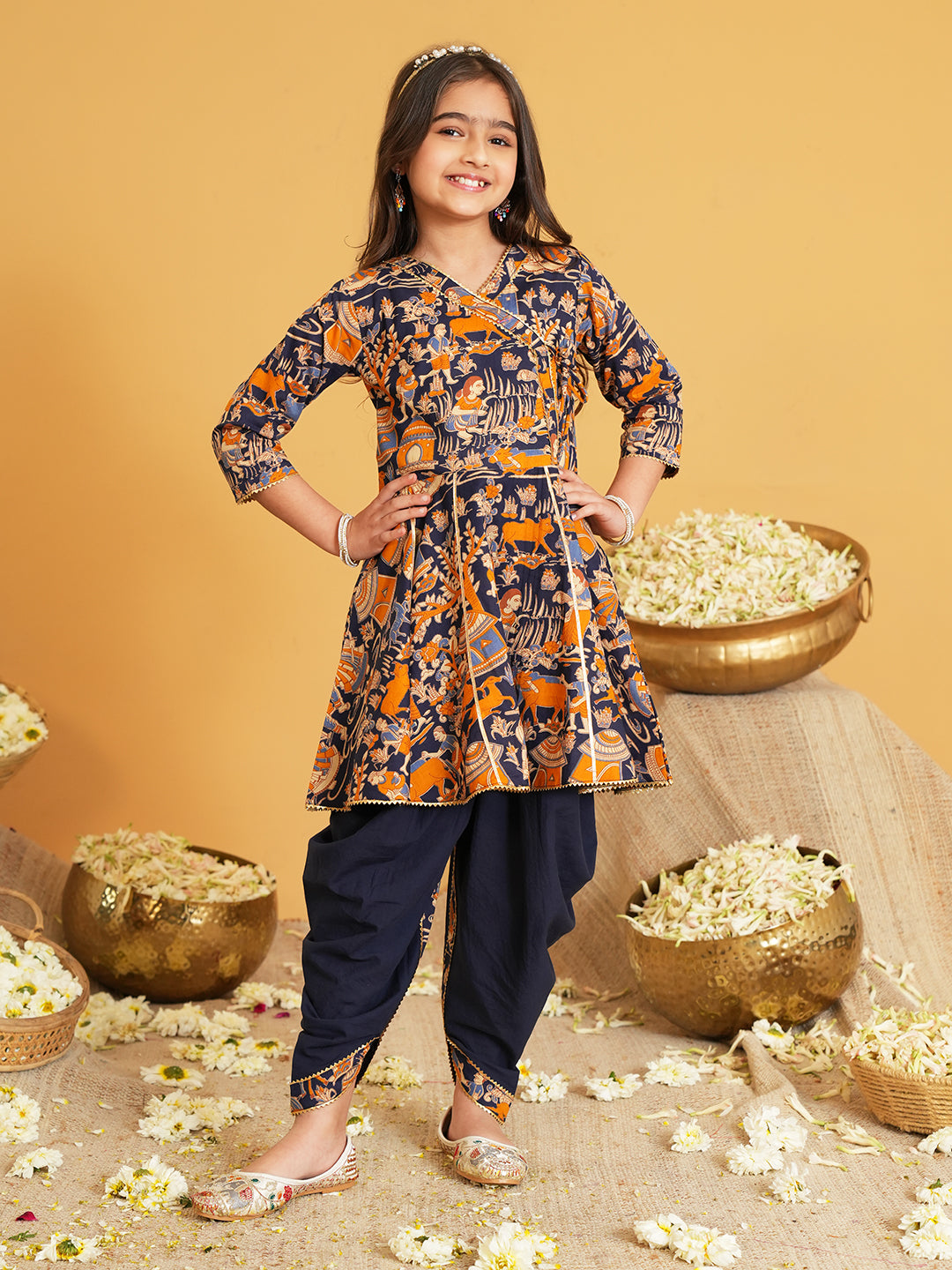 Navy Blue Printed Pure Cotton Sibling Ethnic Set for Kids – Boys Kurta Pyjama with Waistcoat & Girls Kurti Dhoti with Lace Work -  - Sibling set