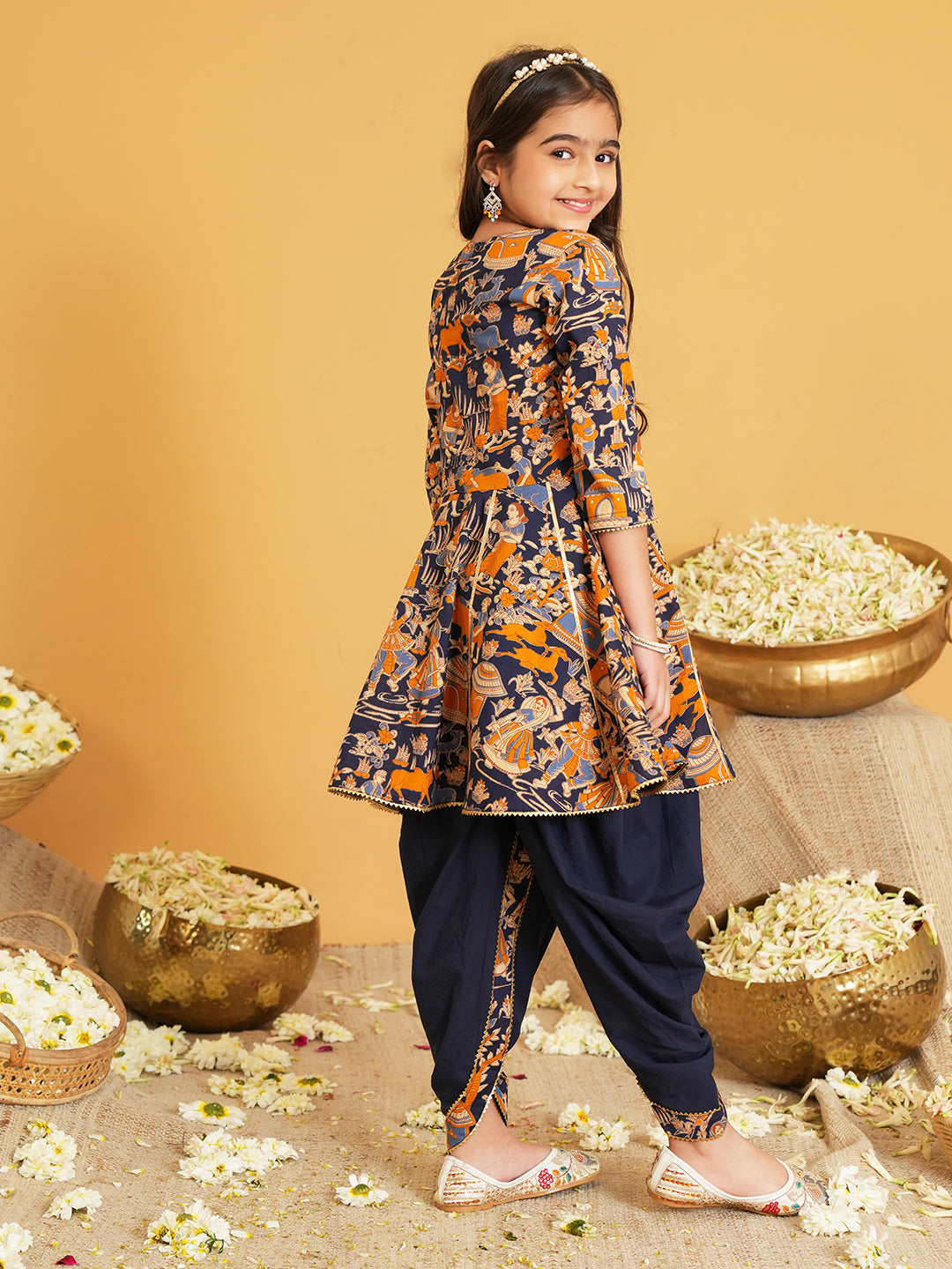 Navy Blue Printed Pure Cotton Sibling Ethnic Set for Kids – Boys Kurta Pyjama with Waistcoat & Girls Kurti Dhoti with Lace Work -  - Sibling set