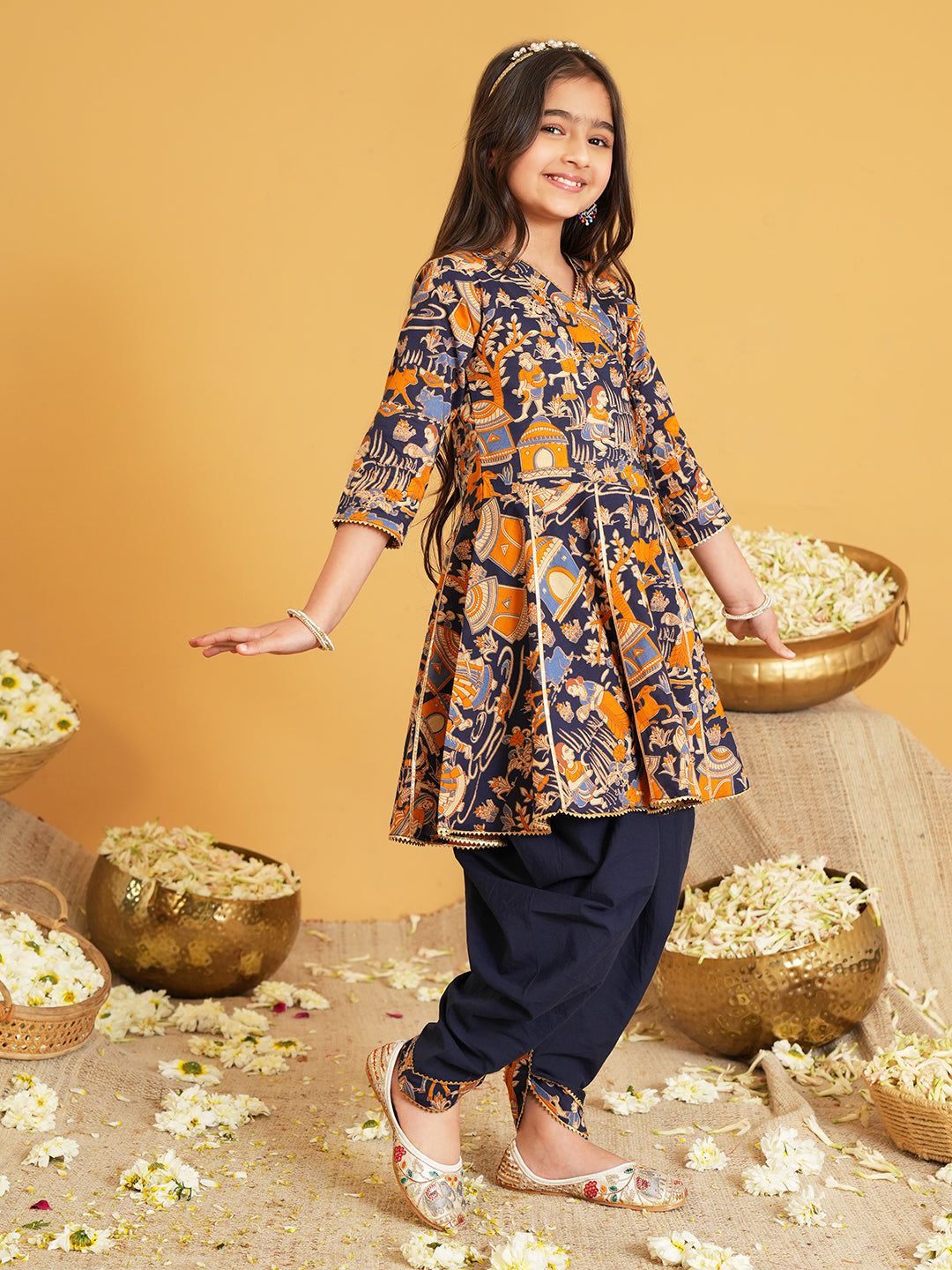 Navy Blue Printed Pure Cotton Sibling Ethnic Set for Kids – Boys Kurta Pyjama with Waistcoat & Girls Kurti Dhoti with Lace Work -  - Sibling set